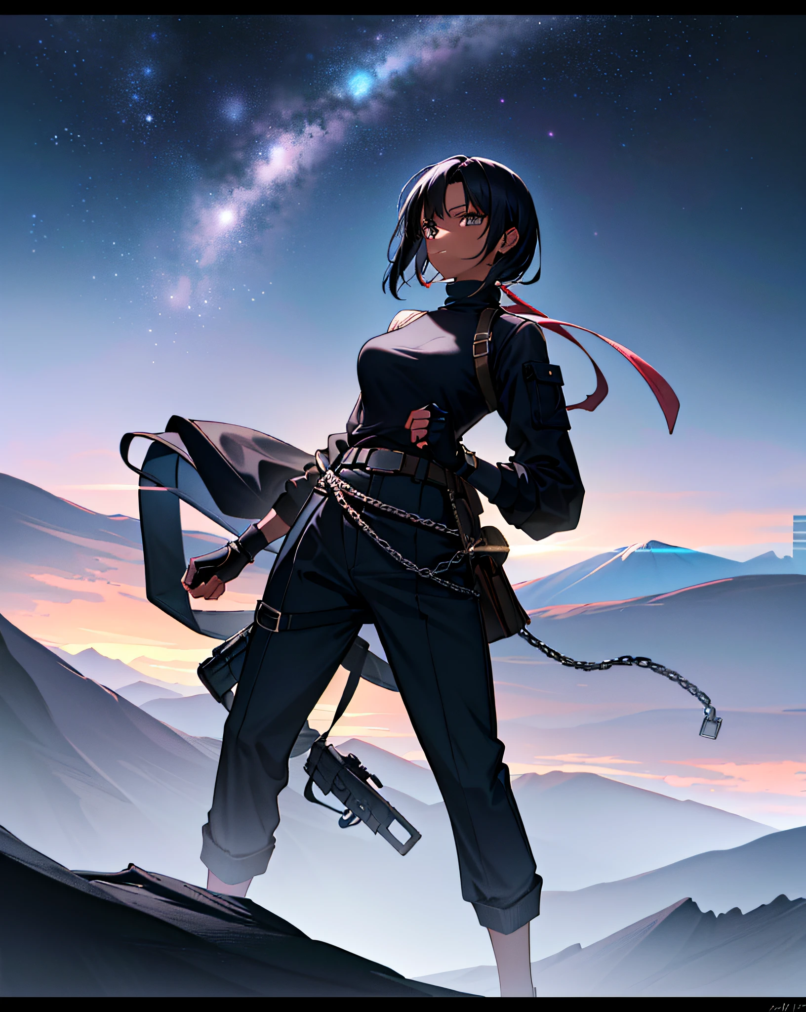 masterpiece, best quality, 1girl, turtleneck, baggy pants, black hair, black eyes, dark skin, a surreal landscape with a mountain and a river in the middle of it, with a sky full of stars and planets, chaingirldark style volumetric lighting, dynamic lighting, trend in Artstation,8k