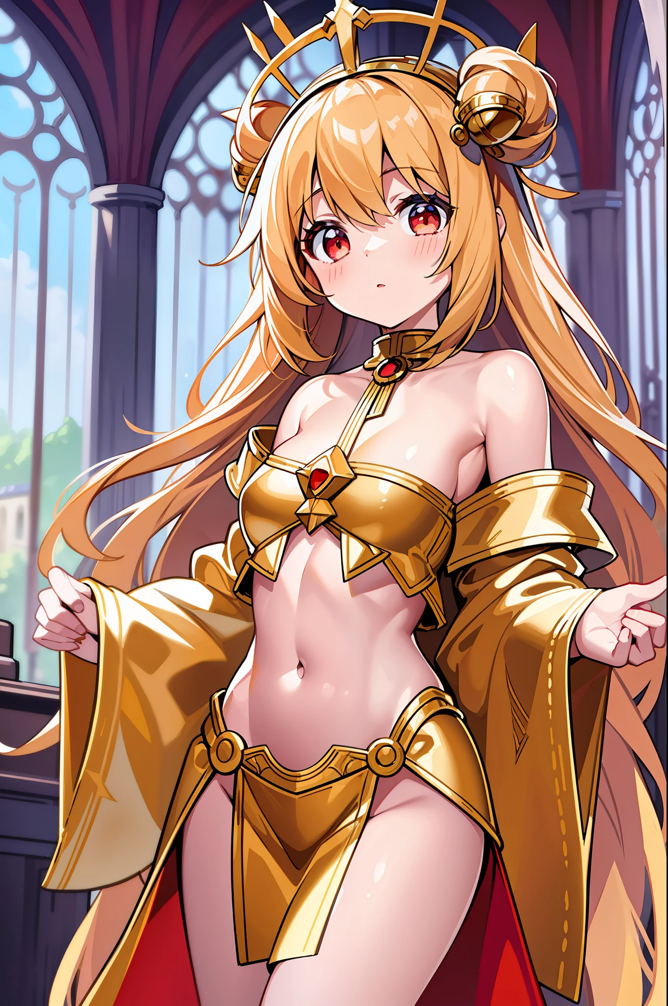 (MASTERPIECE), (Best Quality), (Ultra Detail), Official Art, One Girl, Loli with Golden Hair, Petite  Girl, Priestess Lori, See-through Robe in White and Red and Gold, Off Shoulder, Small, Small, Small, Cleavage, Underboob, Thigh Focus, Navel Out, Card Illustration, Cathedral