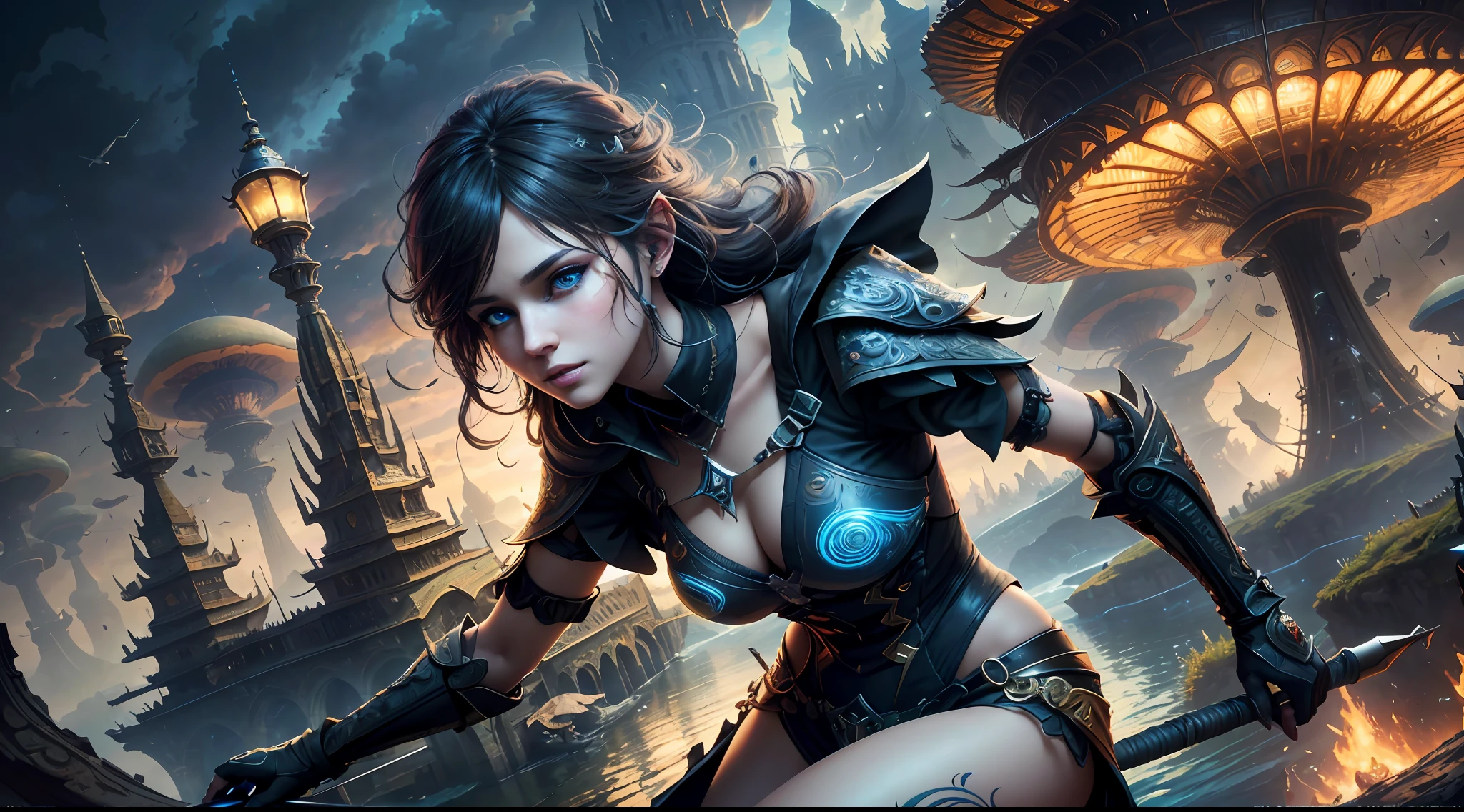 (((Multiplayer, Vivid Eyes, Man and Woman))), Best Quality, Realistic, Realistic, Award-Winning Illustrations, (Intricate Details: 1.2), (Fine Details), (Intricate Details), (Cinematic Light, Best Quality Backlight), Clear Lines, Sharp Focus, Official Art, Unity 8k Wallpaper, Ridiculous, Incredibly Absurd, Fantasy Art, (((Full Body Portrait))), RTX, ((Award-winning Triangle Studio Close-up Photo)), 1 Boy, (shut up), best quality, 4K, beautiful mysterious creatures, female, flying, surrealism, masterpiece by ncwinters, in a mysterious country town, masterpiece, intricate details, ff14style, urban painting, bridge, river, giant mushroom, landscape, bright colors,