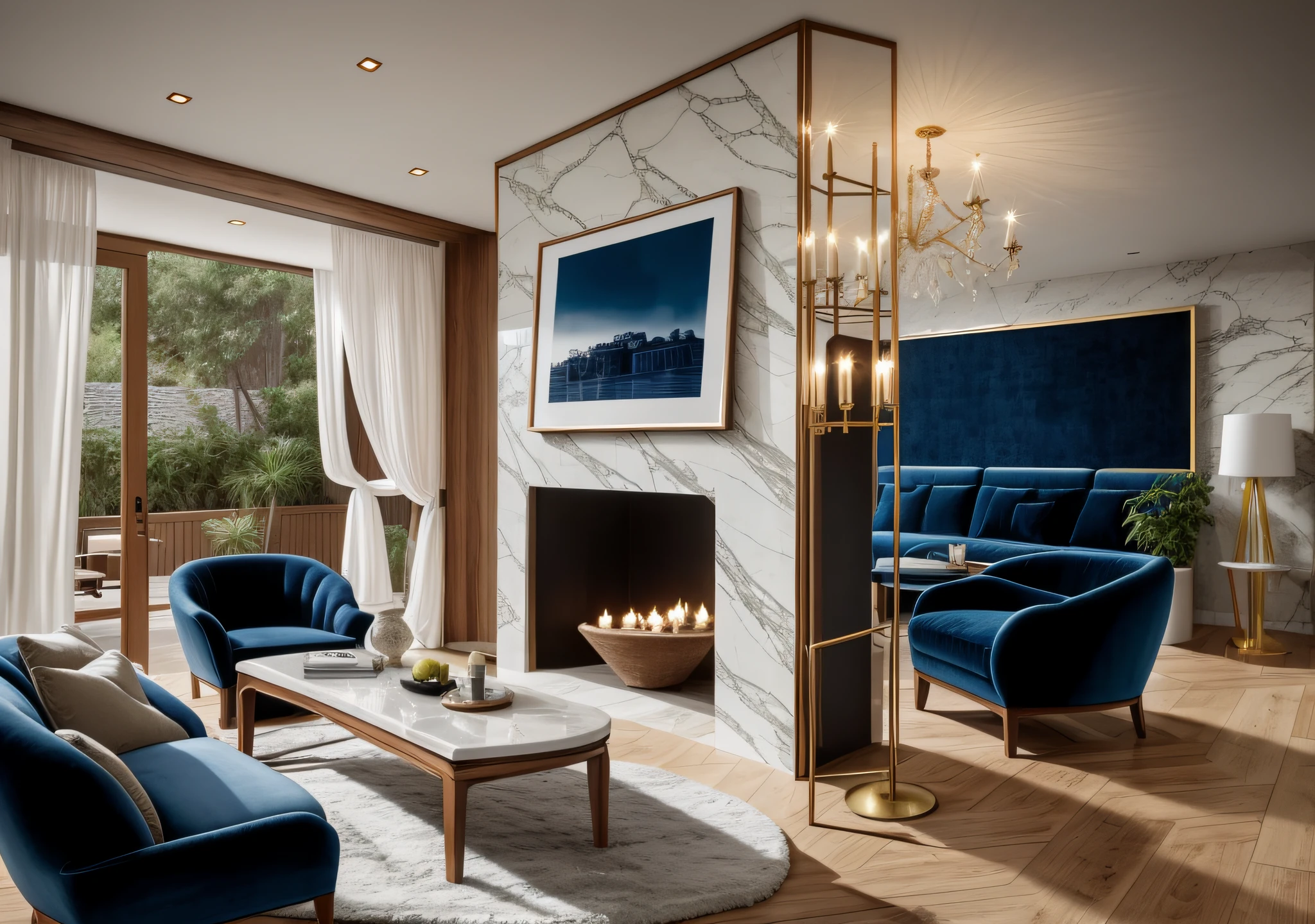 a beautiful interior with wooden slats wall and wooden floor, blue velvet armchair and sofa, night lighting, marble table, beautifully decor, nice artwork