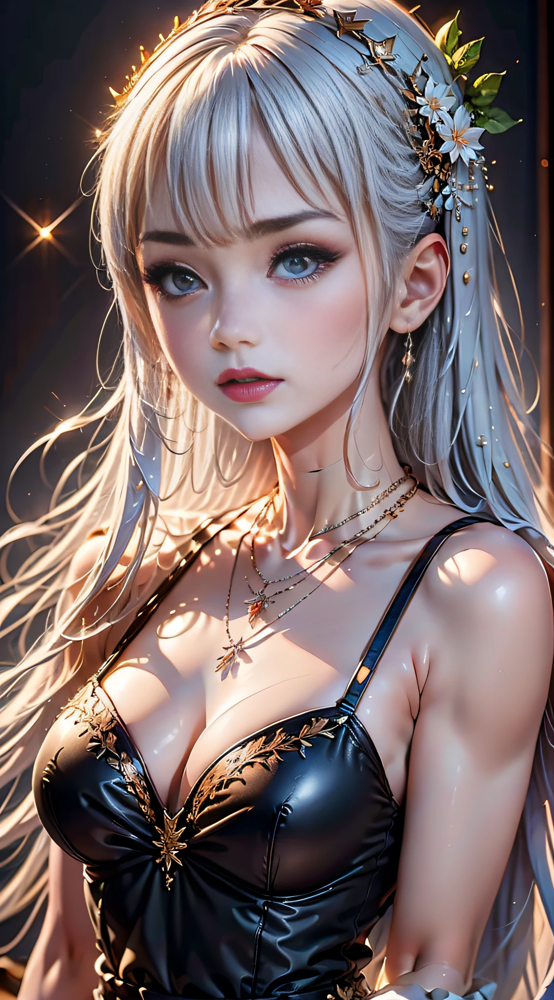 Best quality, masterpiece, high resolution, 1girl, porcelain dress, hair accessories, necklace, jewelry, beautiful face, on the body, Tyndall effect, realistic, dark studio, edge lighting, two-tone lighting, (high detail skin: 1.2), 8k UHD, dslr, soft light, high quality, volumetric light, candid, photo, high resolution, 4k, 8k, background blur,