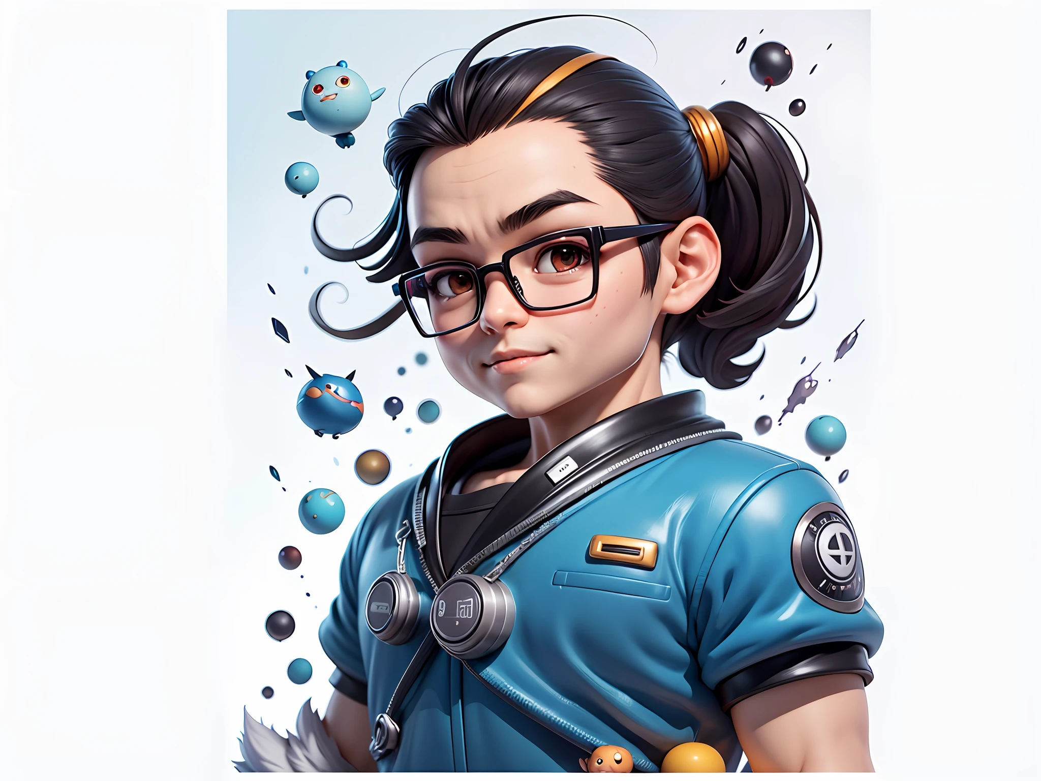 Masterpiece), (Excellent), (Super Meticulous), (Full Body: 1.2), Super Young Woman, Beautiful, Sexy, Bursting, Oriental Face, TV Anchor, Bust Portrait Illustration, Alone, Black Suit, Blue Tie, Silver Glasses, Slightly Chubby Face, Very Clean Face, No Beard, Black Super Short Hair, Black Eyes, Confident Smile, 3c Computer Sub-Products, iPad, iPhone, Digital Painting, 3D Character Design by Akira Toriyama with Mark Claireden and Pixar and Hayao Miyazaki, The illustration is a high-definition illustration in 4K resolution with very detailed facial features and cartoon-style visuals.