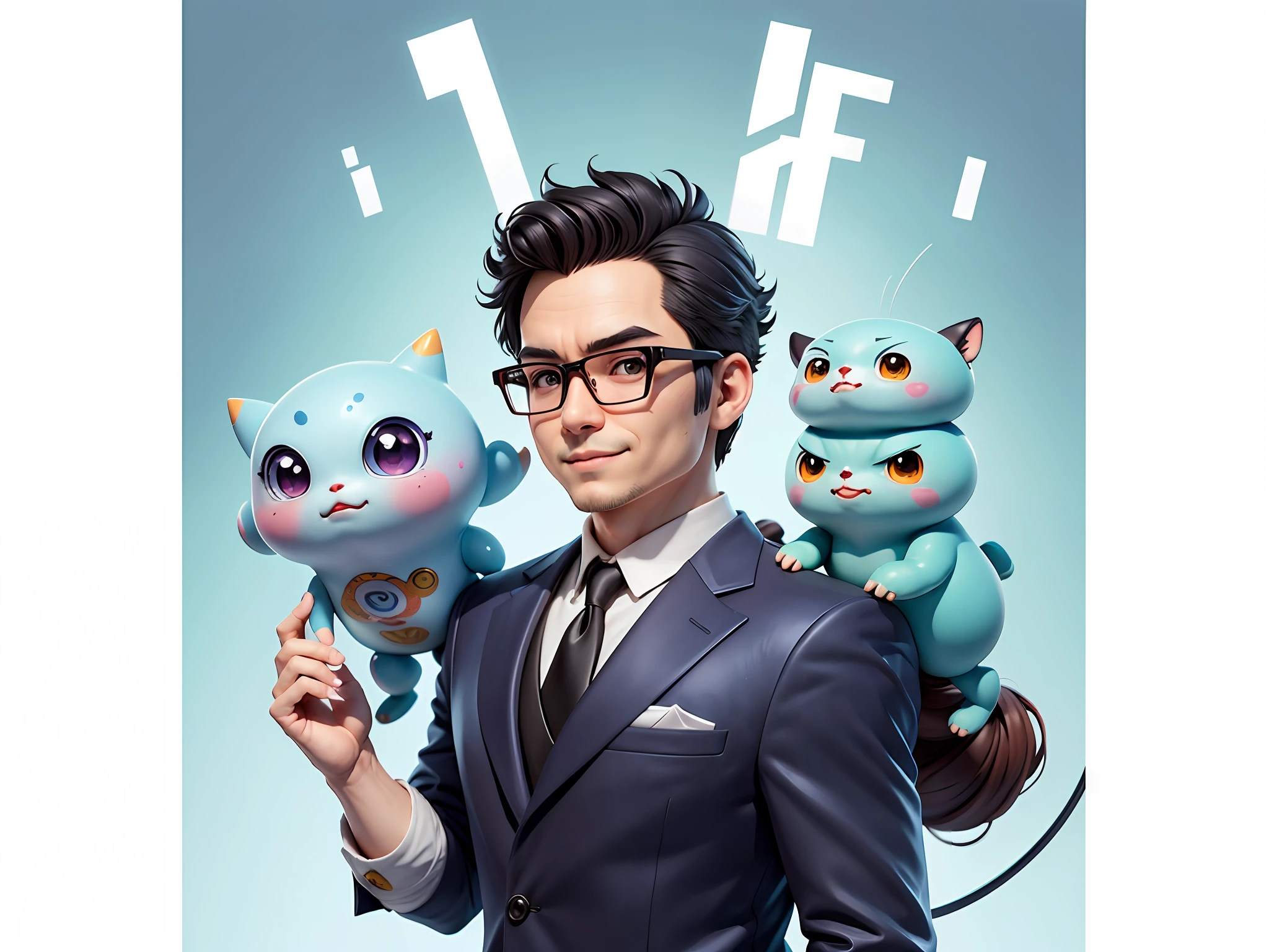 Masterpiece), (Excellent), (Super Meticulous), (Full Body: 1.2), Super Young Woman, Beautiful, Sexy, Bursting, Oriental Face, TV Anchor, Bust Portrait Illustration, Alone, Black Suit, Blue Tie, Silver Glasses, Slightly Chubby Face, Very Clean Face, No Beard, Black Super Short Hair, Black Eyes, Confident Smile, 3c Computer Sub-Products, iPad, iPhone, Digital Painting, 3D Character Design by Akira Toriyama with Mark Claireden and Pixar and Hayao Miyazaki, The illustration is a high-definition illustration in 4K resolution with very detailed facial features and cartoon-style visuals.