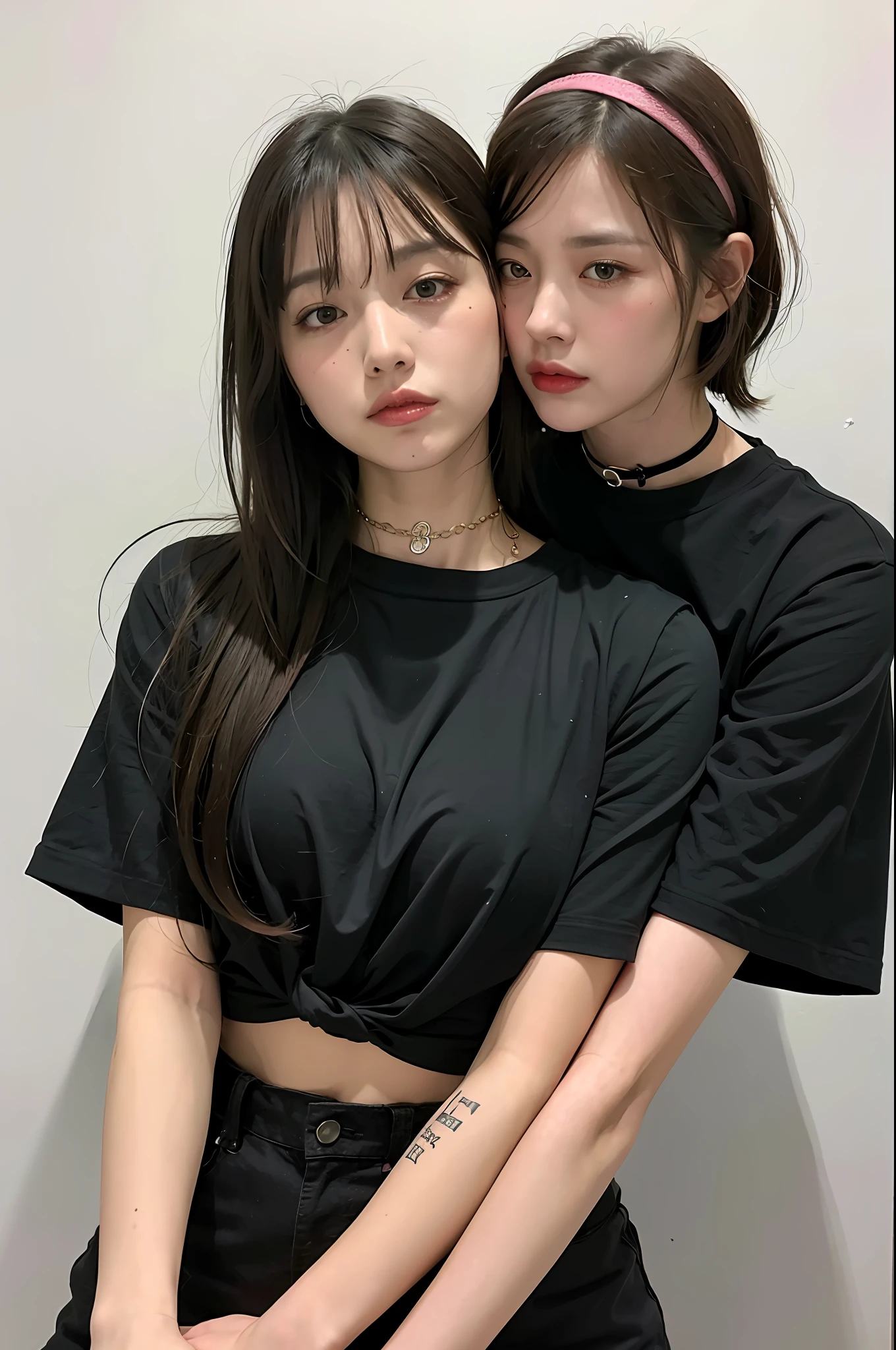 (8k:1.27), best quality, masterpiece, ultra highres:1.2), two cute goth japanese delinquent girls with arm tattoos, tattooed girl, full body picture, oversized knotted prisoner t-shirt, short big sleeves, inmate prison uniform, dyed blonde hair, black hair, short bob hairstyle, hair pulled back, in a prison cell, handcuffed, submissive neck choker, 4k or 8k picture, looking angry, bandana ribbon hairband, holding hands, kissing each other