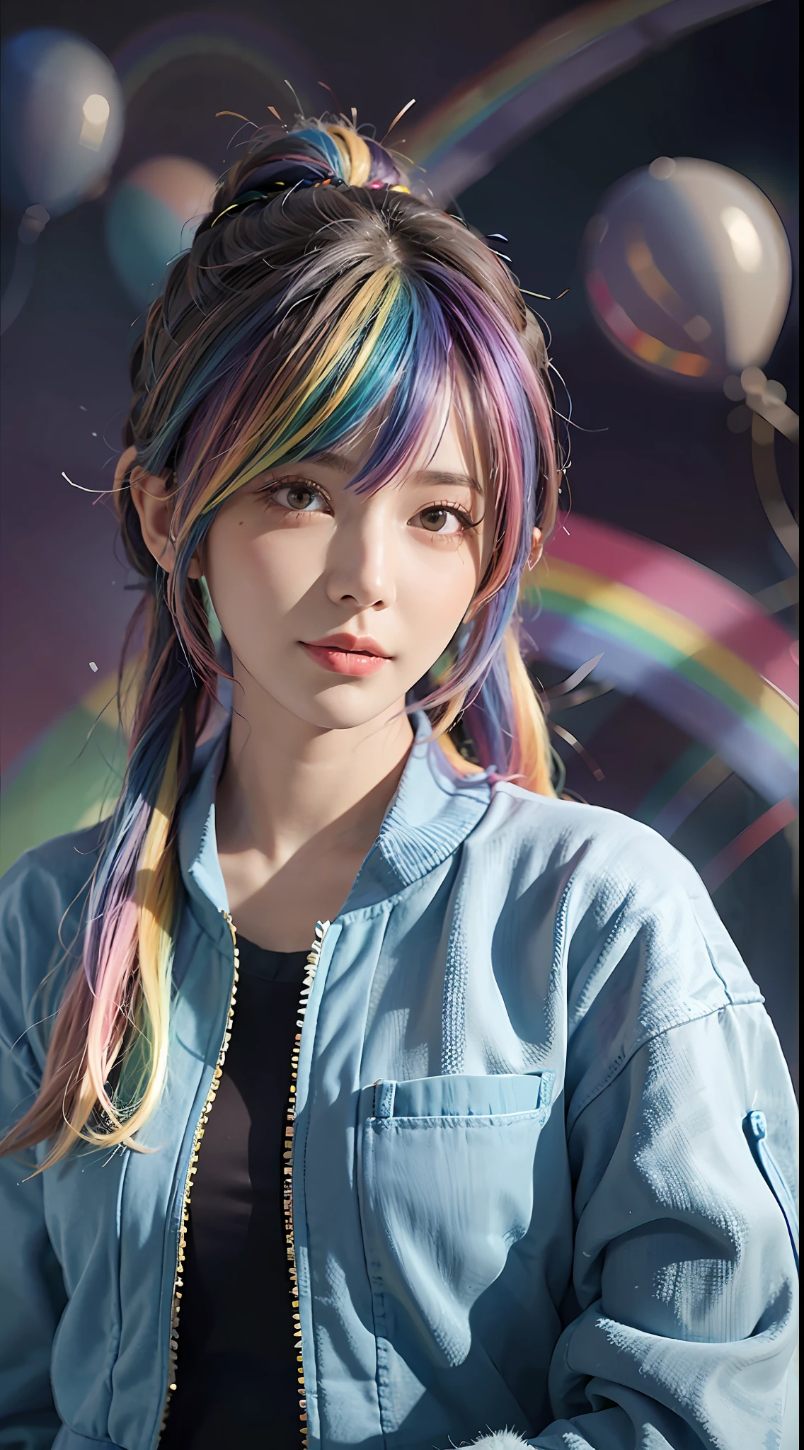 masterpiece, best quality,3d,c4d,可爱,萝莉 1 girl, pretty and cute, (rainbow color Hair,colorful hair:1.4), wearing blue and purple sunglasses, yellow jacket with white pattern, white sweater, many colored balloons, doll face, ponytail braid, perfect detail eyes, delicate face, perfect cg, HD quality, colored balloons, sky