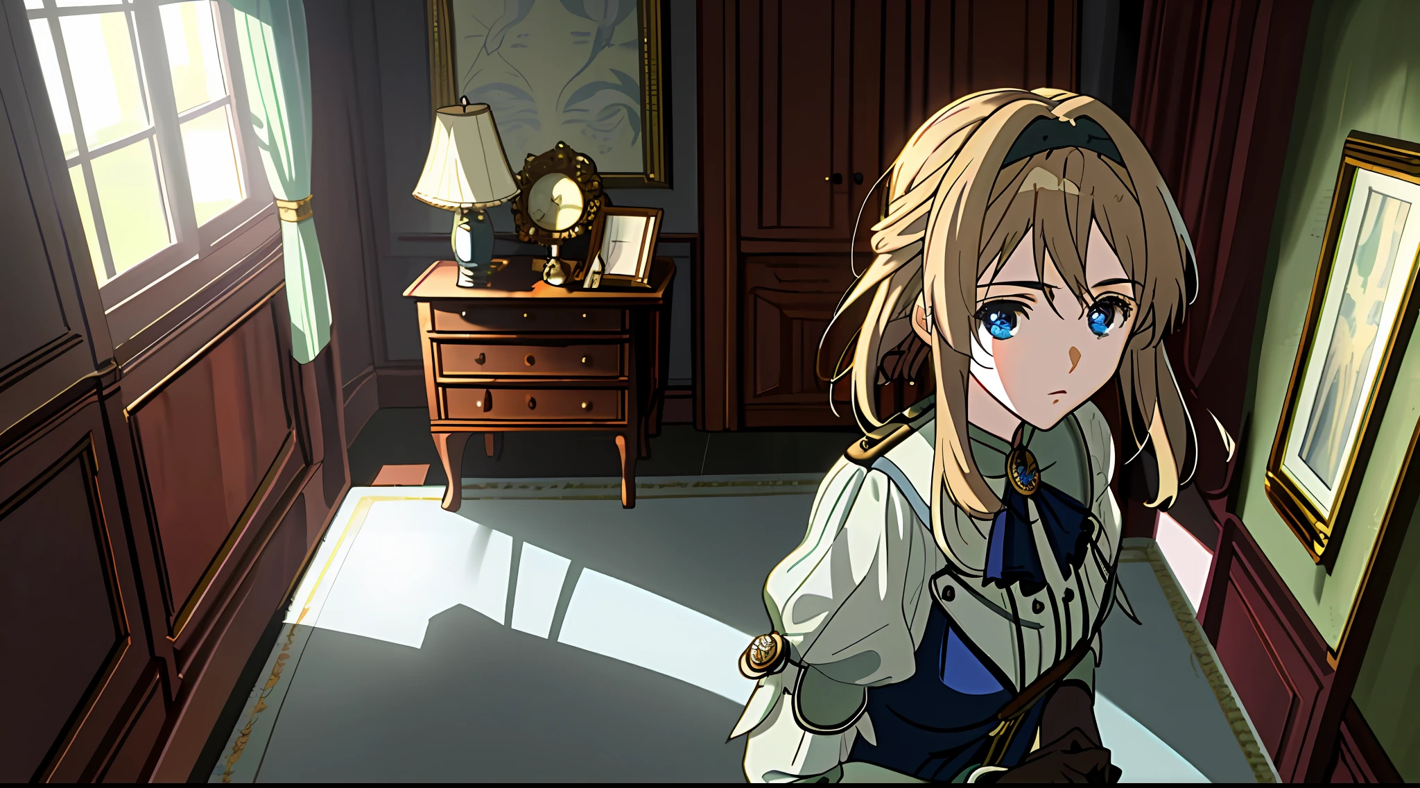 (masterpiece, best quality),1girl , Violet evergarden, brooch, gloves, blue eyes, bedroom, near window