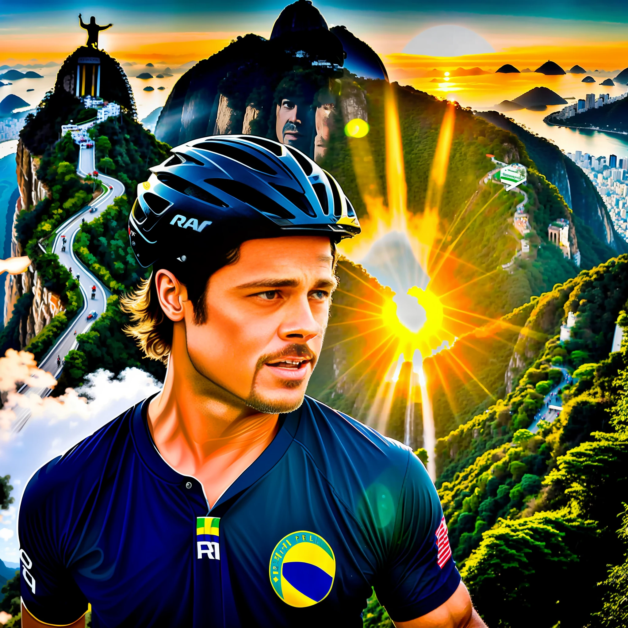 Criar Brad Pitt, With the shirt of Brazil, cyclist style, riding bike mtb, in the streets of Rio de Janeiro, with scenery there behind Christ the Redeemer and with beautiful sun.