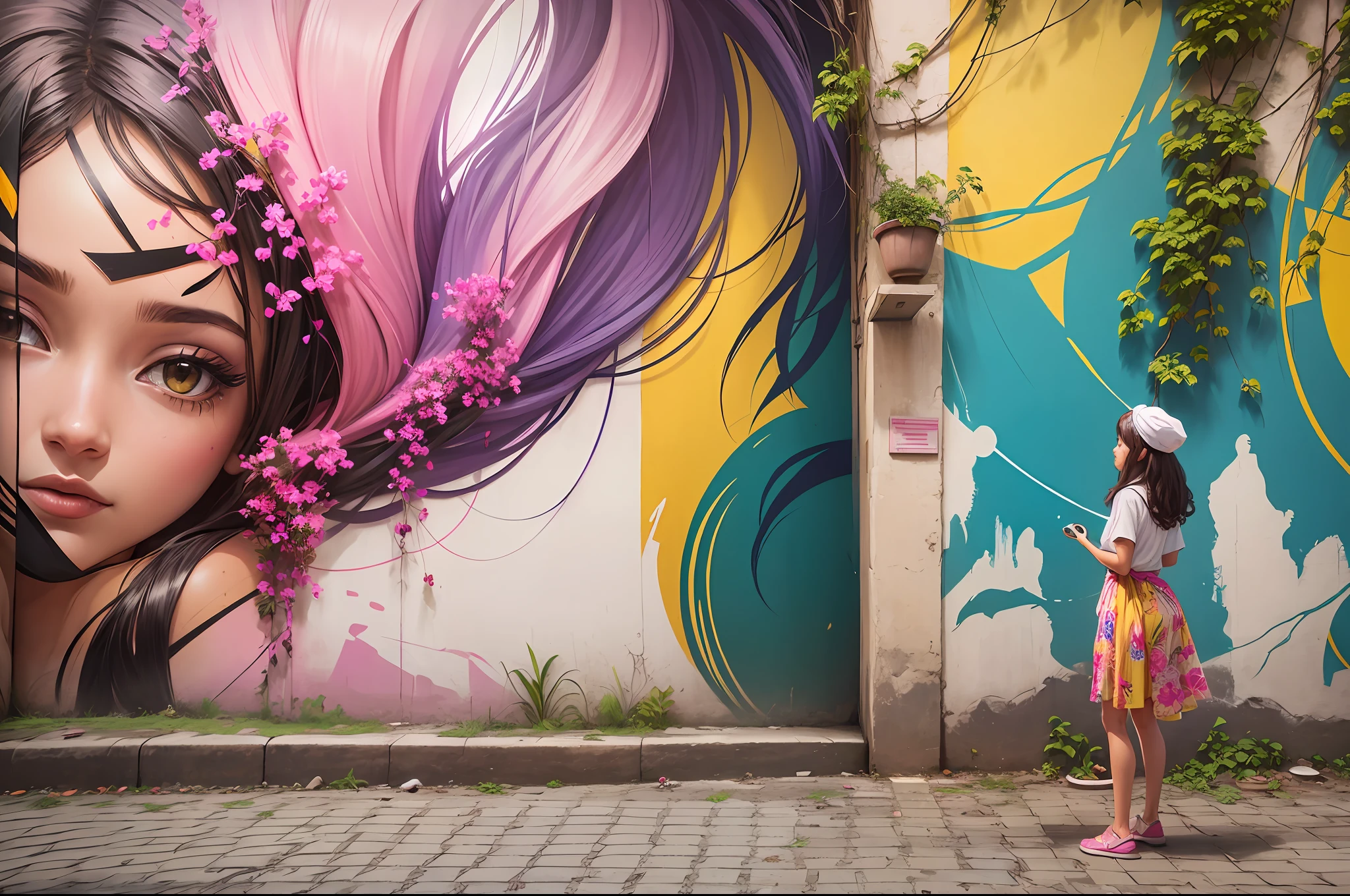 Mural, wall painting, graffiti on a wall. Behind and above the wall, there are bougainvillea plants, with some branches resting and hanging on the wall. Graffiti mural with Brazilian women with bandanas. Happy palette of colours. The bougainvillaeas branches are placed right up of the bandanas of the women painted on the wall, the branches look like their hair. A girl is on the street looking at the mural. Scene illuminated by natural light. Realistic raytraicing, photography, 3d. --auto --s2