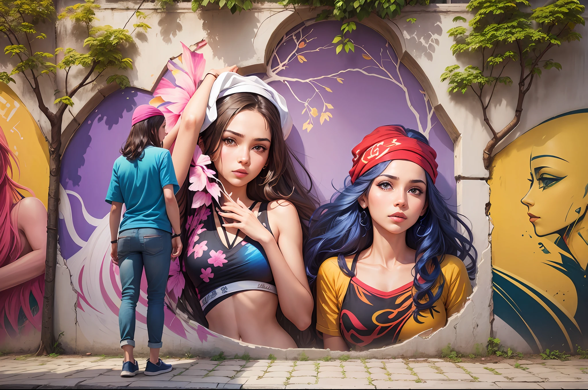 Mural, wall painting, graffiti on a wall. Behind and above the wall, there are bougainvillea plants, with some branches resting and hanging on the wall. Graffiti mural with Brazilian women with bandanas. Happy palette of colours. The bougainvillaeas branches are placed right up of the bandanas of the women painted on the wall, the branches look like their hair. A girl is on the street looking at the mural. Scene illuminated by natural light. Realistic raytraicing, photography, 3d. --auto --s2