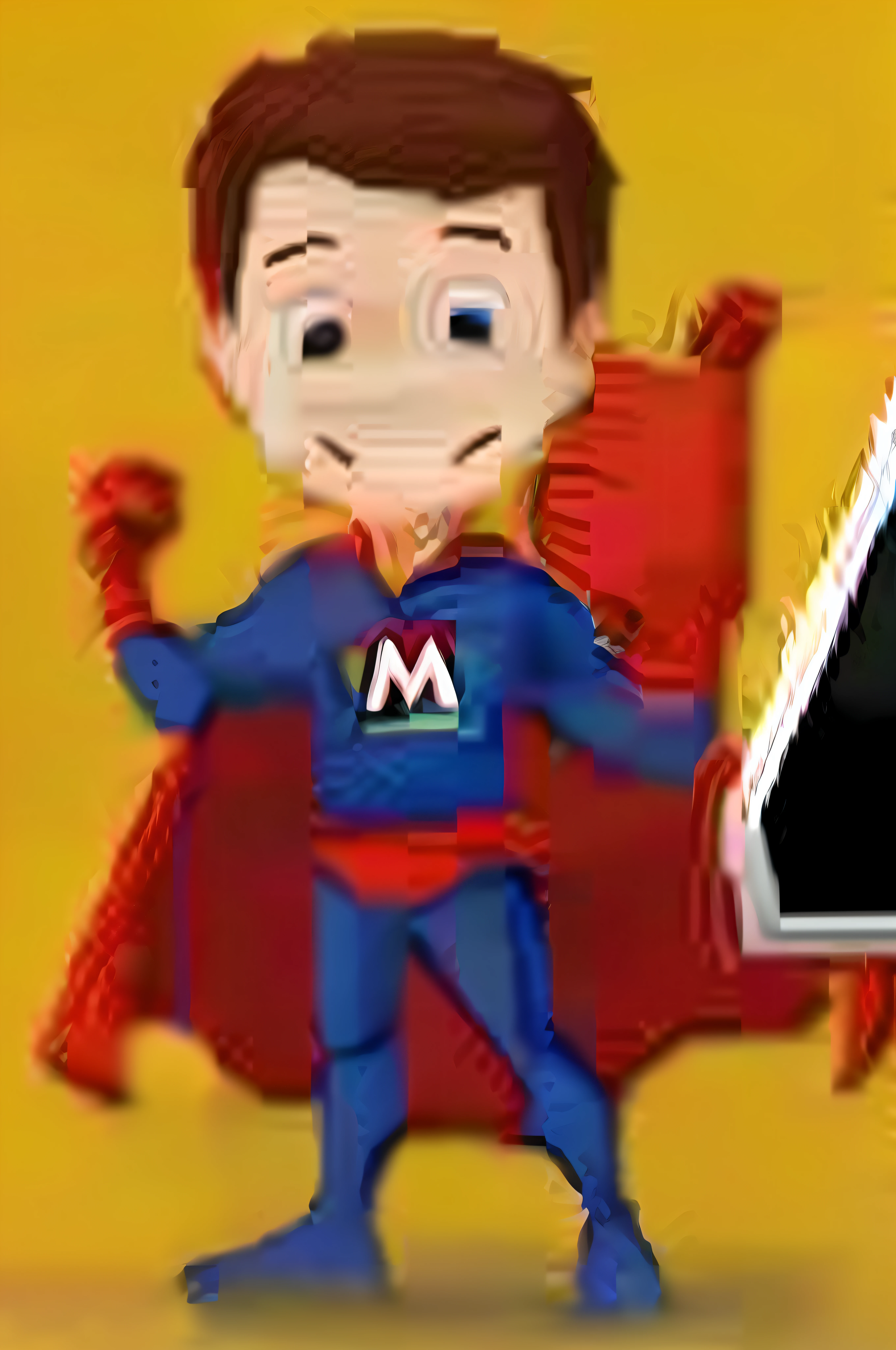 cartoon of a man in a superman costume holding a phone, m & m mascot, mario martinez, wonderful, male hero, jaw disease, super merge, mark miner, m, alex miranda, mario, motu, mark mann, m & m figure, cereal mascot, michael maurino, martin sharp, super detail, machin3, mm, full body mascot high image quality at 8k