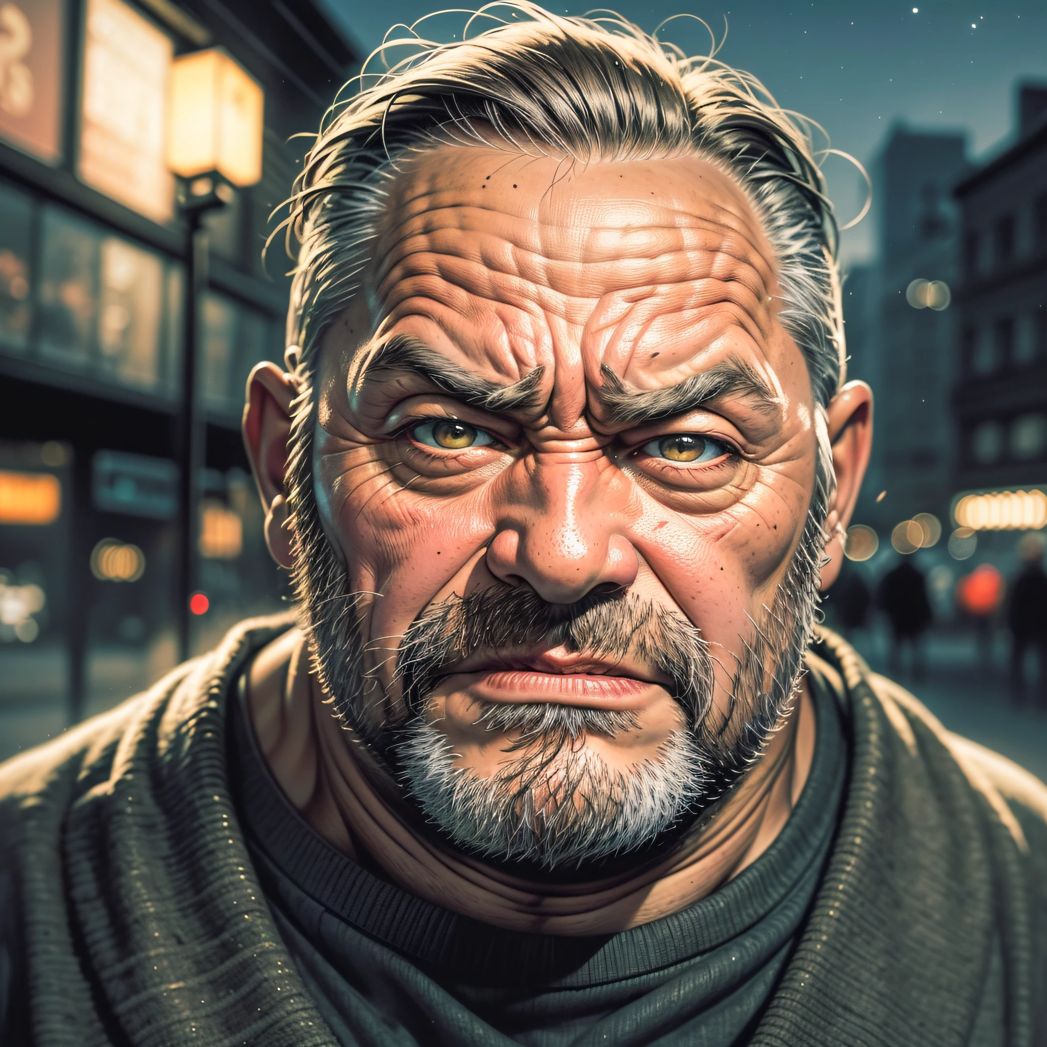 Portrait of european old fat guys, (angry), (dark brown eyes), detailed skin, realistic, sweater, tatoo, soft shadows, Fujifilm X3, ((masterpiece: 1.3)), (at night: 1.4)