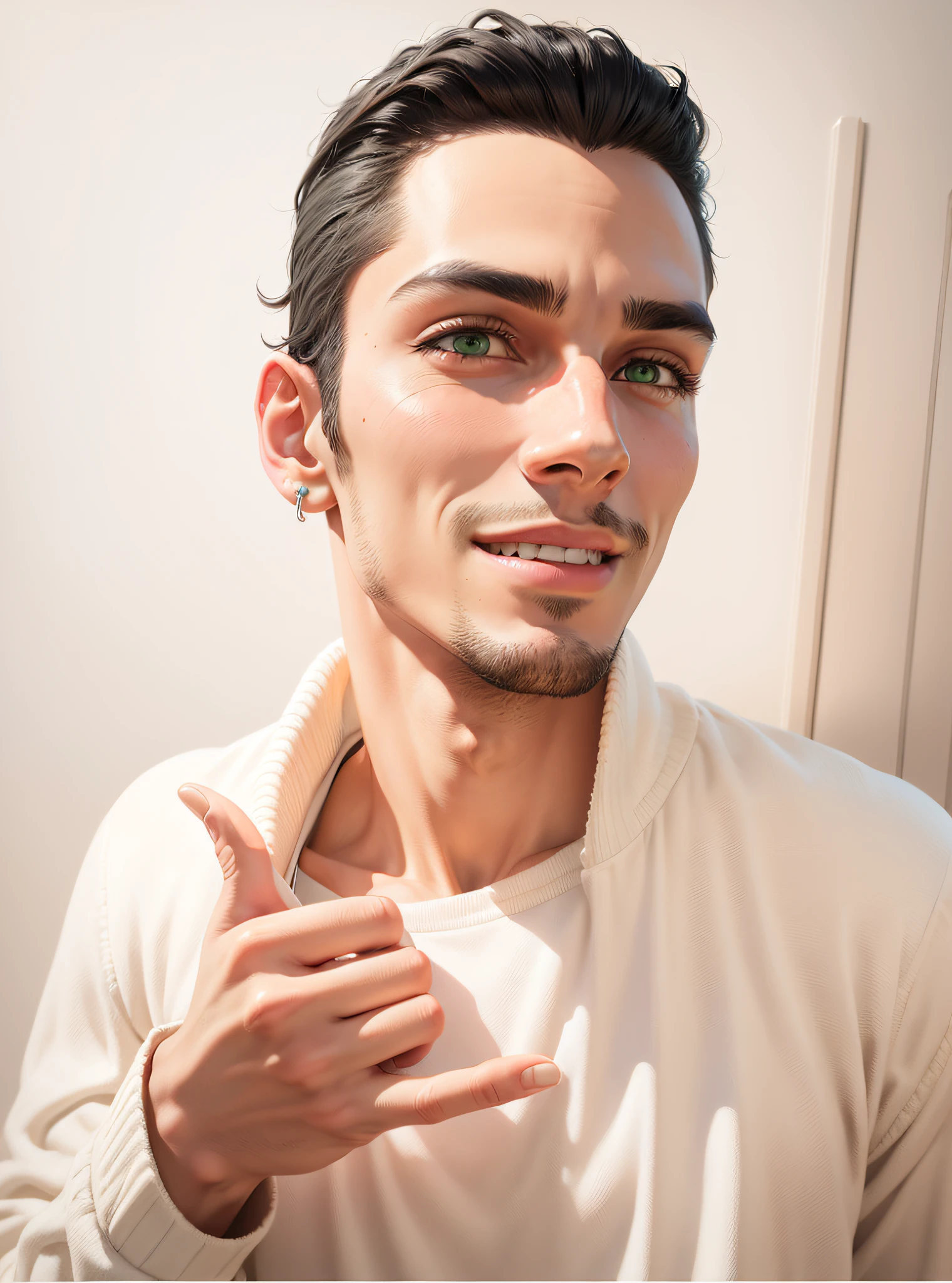 man, boy, just face, no show body, 3D Marvel style, dark black hair, green eyes, smiling, with ear piercing, realistic photo, lots of details, ultra detail, wearing sunglasses --auto --s2