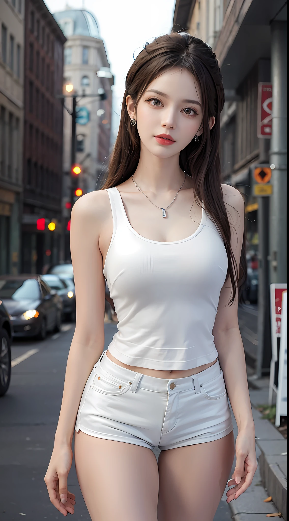 Urban beautiful girl college student, masterpiece, light makeup, red lips, silver hair, messy long hair, street background, beautiful, elegant. Ultra-fine details, master works, real texture, cinematic lighting realism, perfect work, 8k, HD, exquisite facial features, white tight open-cut top, transparent white tight shorts, slim figure, bright big eyes, smooth skin, earrings, necklace, tattoos