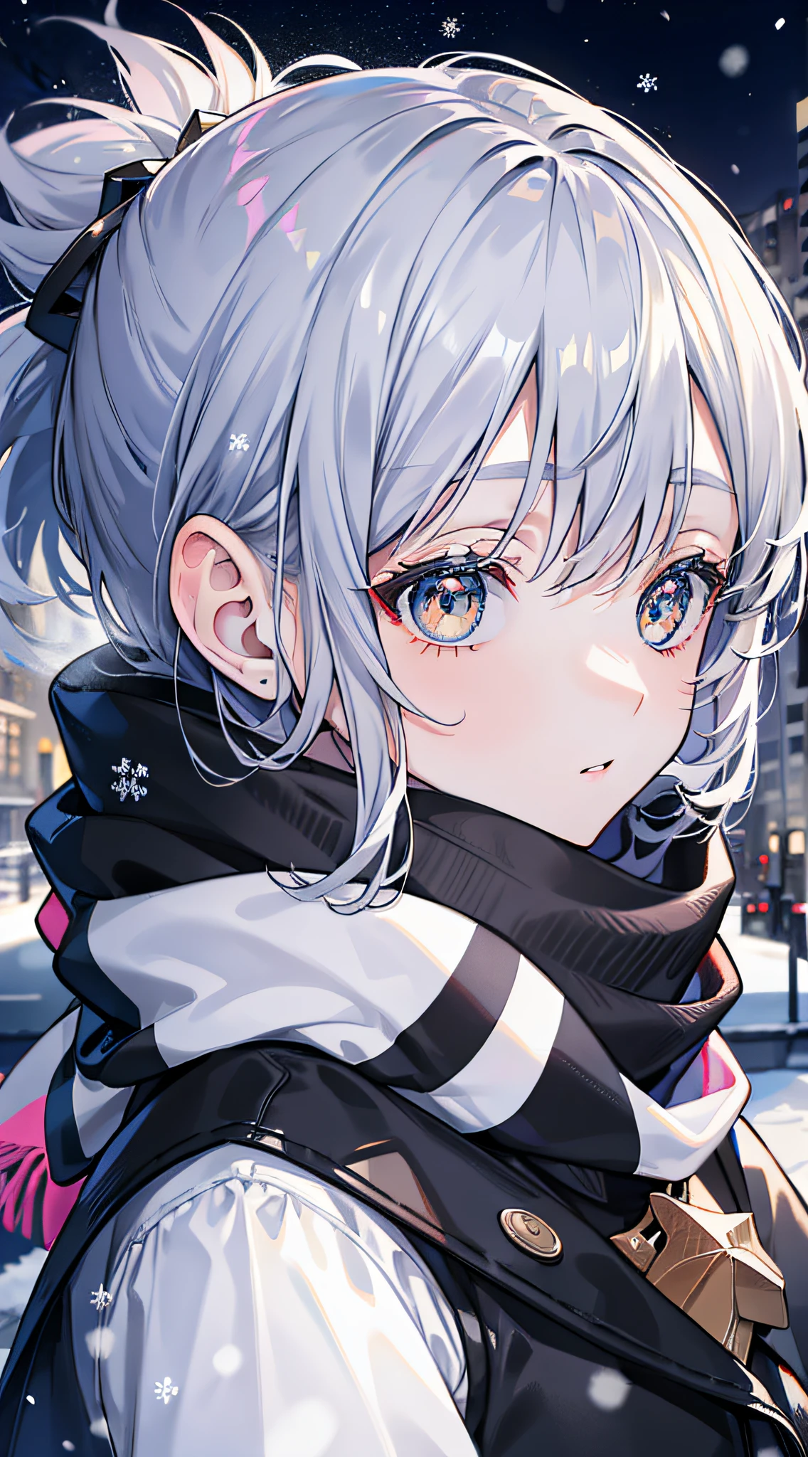 ((bright eyes)), 8k, beautiful girl, scarf, winter, black long coat, gray hair, winter, shortcut