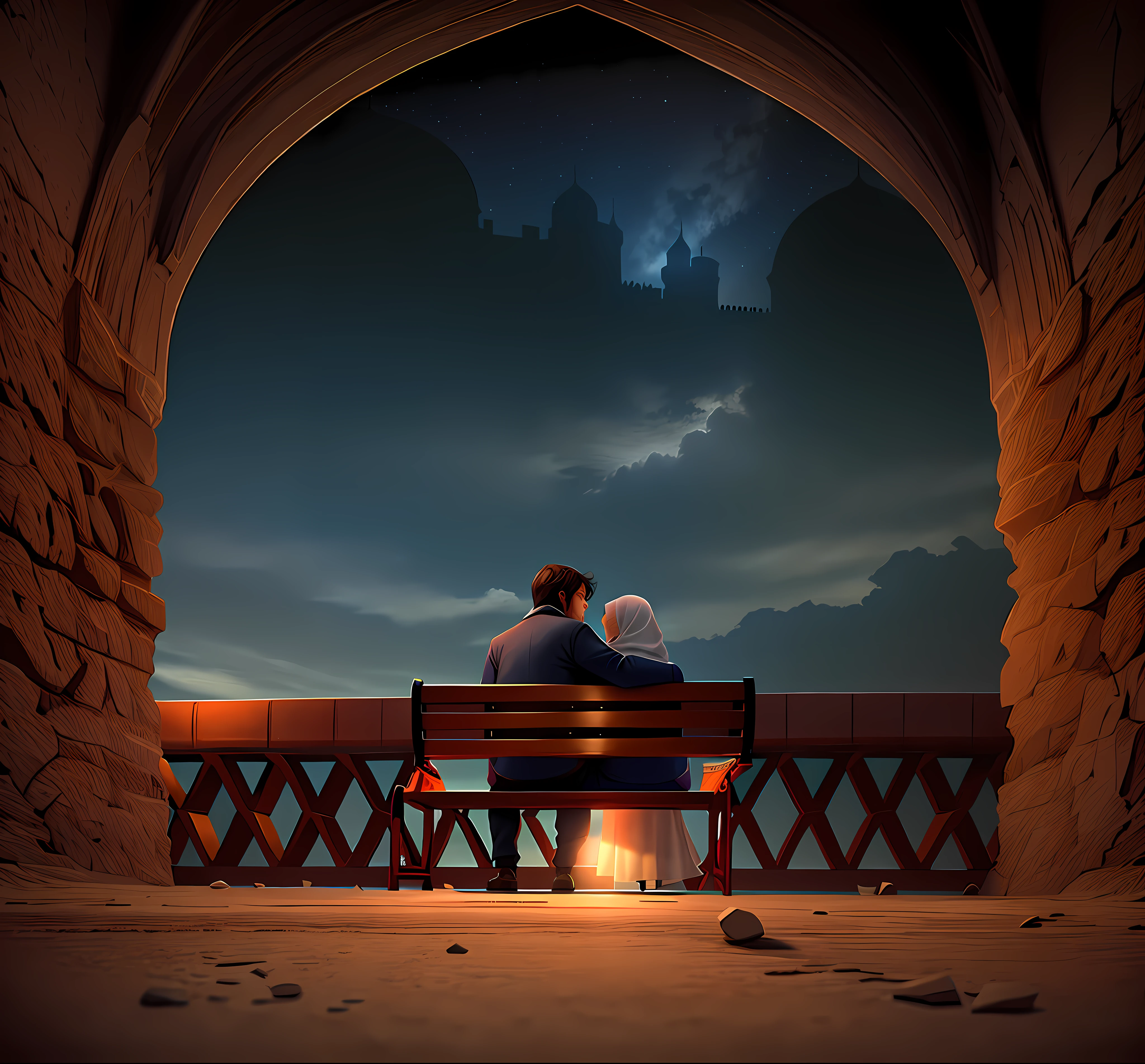 Illustration there are two lovers sitting on a bench in a Islamic tunnel, sitting in a castle, fotografia, romantic couple, illustration romantic!!!, romantic, a illustration edited, private moment, romantic scene, illustration medium shot taken from behind, Islamic architectural,high quality insane beauty sky, dramatic colours,night, illustration