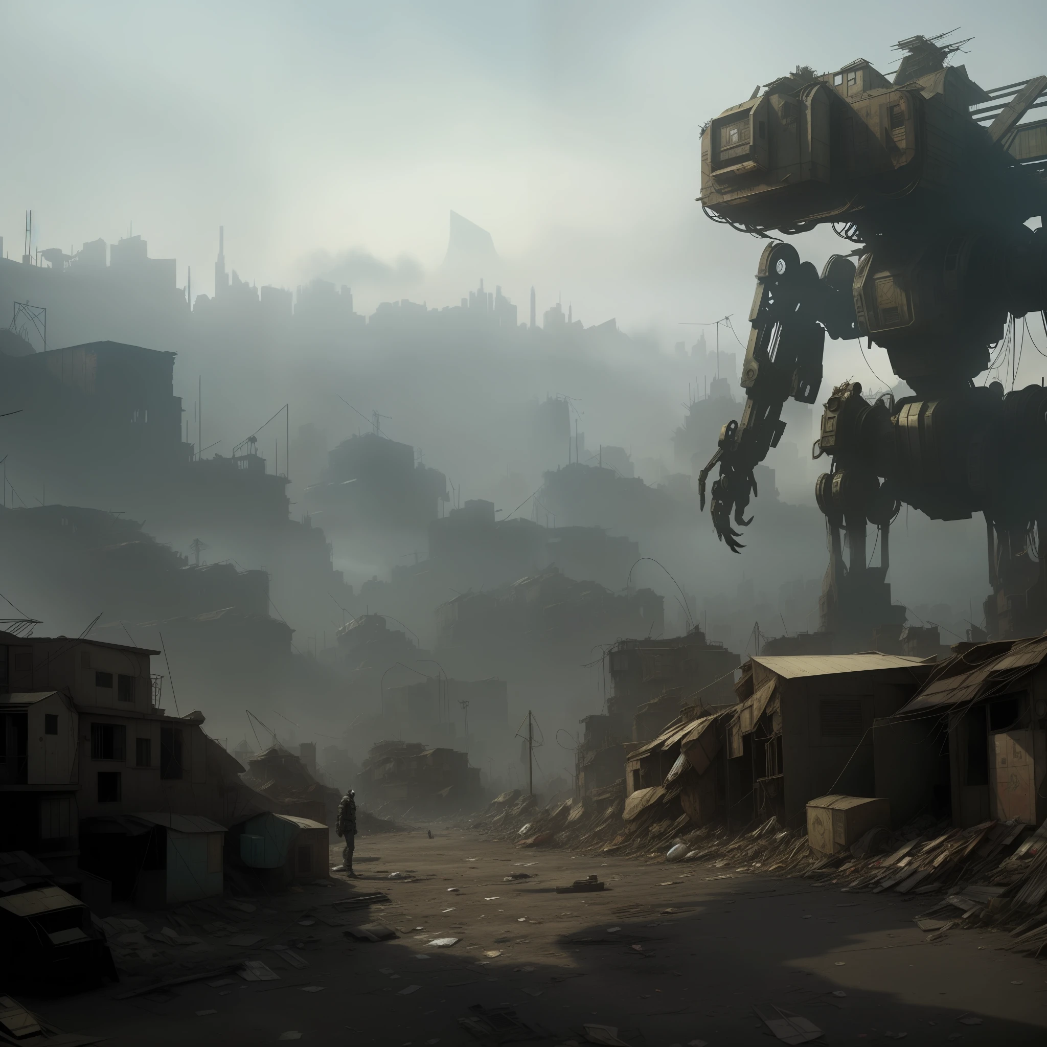 araffe robot standing in a slum of a city with a lot of rusty metal constructions and old wood, garbage, robotic robot discarded parts, Neil Blomkamp movie landscape, discarded mecha in the background, dystopian slums, highly realistic conceptual art, dystopian digital conceptual art, sci-fi slum sculpture, robot city ruins, stunning photo real concept art, 8K movie still, urban futuristic mountain slum