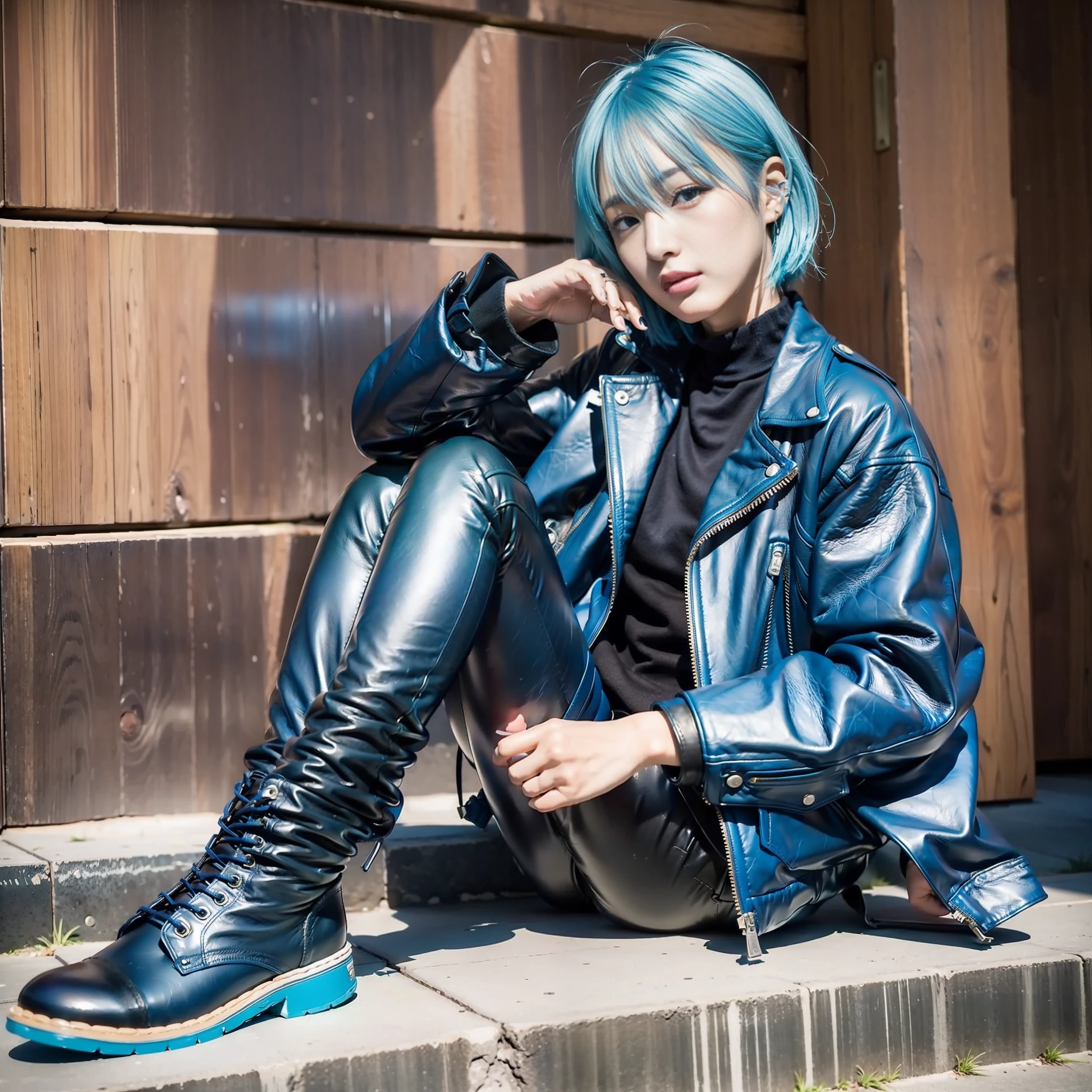 Japan Female 20 years old Close-up Looking at camera Boyish Wild Cool Blue Riders Jacket Leather Pants Leather Boots 180cm F Cup Blue Hair Short Bob