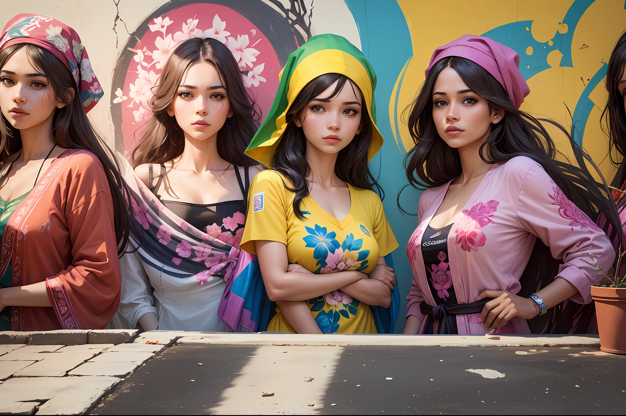 Mural, wall painting, graffiti on a wall. Behind and above the wall, there are flowering bougainvillea plants, with some branches resting and hanging on the wall. Graffiti mural with Brazilian women with bandanas. Happy palette of colours. The bougainvillaeas branches are placed right up of the bandanas of the women painted on the wall, the flowering branches look like their hair. A girl is on the street looking at the mural. Scene illuminated by natural light. Realistic raytraicing, photography, 3d. --auto --s2