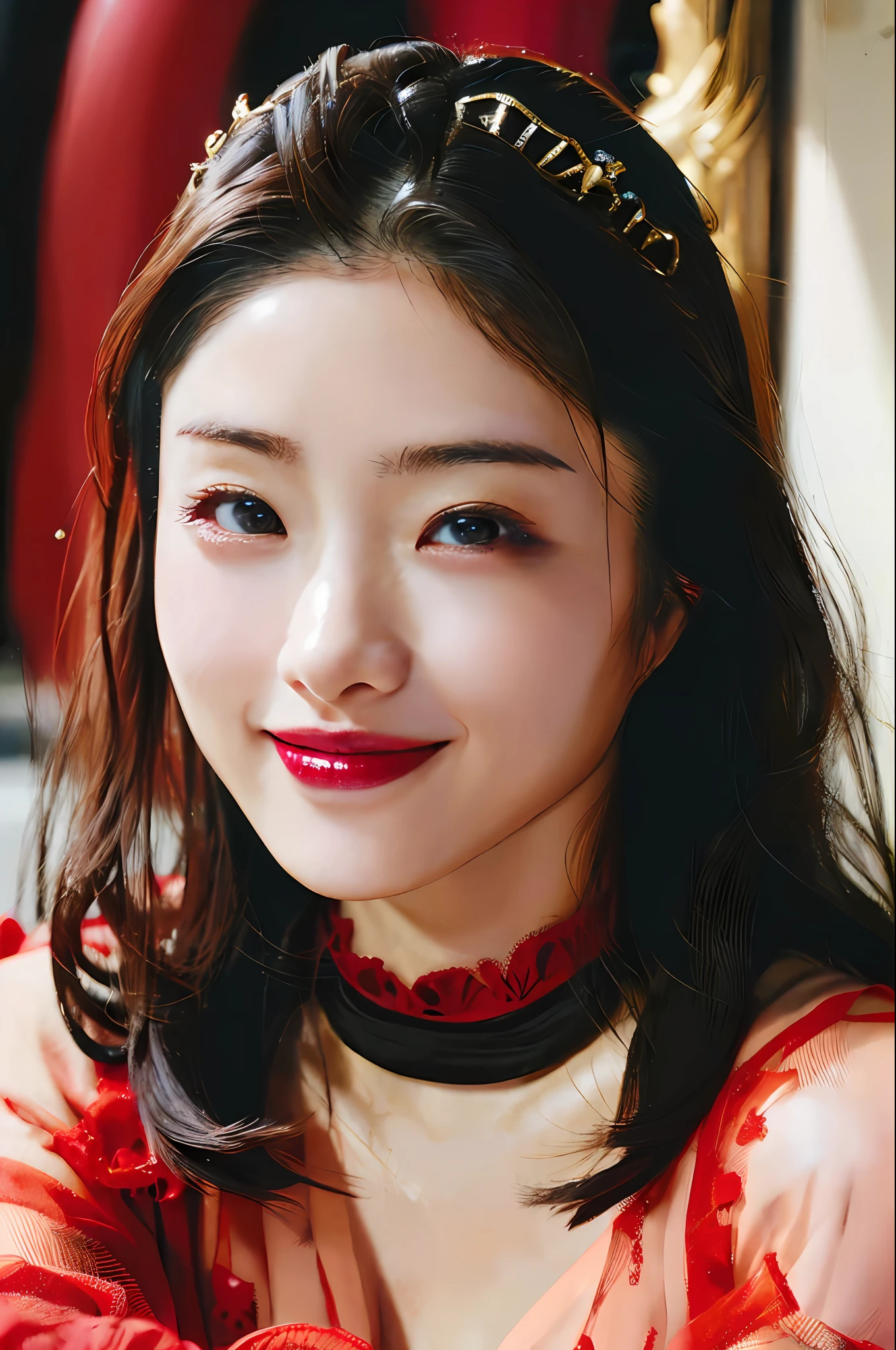 One Woman, (High Resolution, Masterpiece, Top Quality, High Detail, Official: 1.4), (Realistic: 1.2, Hyperrealistic: 1.1, Photorealistic: 1.37), (Sharp Focus: 1.4), Depth of Field, Physically Based Rendering, Sadistic, (Curly), Wavy Hair, (Plump))), (Large), (Plump)), (Exposure), (detailed description of hair), (detailed description of the face), (detailed description of the body), (white and translucent muscles), incomparable beauty, (extreme beauty), (goddess of fat Japan), long legs, (red leotards and tights for the whole body: 1.4), (tiara, black choker, bracelet, bangle, headpiece, jewelry, gloves, lipstick, ring, dark heroine, villain, red boots, chain belt, Dark Princess: 1.5), (Viewer, Evil Smile, Rogue Warrant Officer, Dark Character: 1.5), Big Cleavage, (45 years, : 1.4), (Heavy, Fat Body: 1.4)), Outdoor, City, Outdoor Battlefield, Concrete Wall, Surveillance, Makeup, (Lipstick: 1.1), (Eyeliner: 1.2), Mascara, Eyeshadow, Dynamic Angle, (Plus Size Model), (Red Lips)、