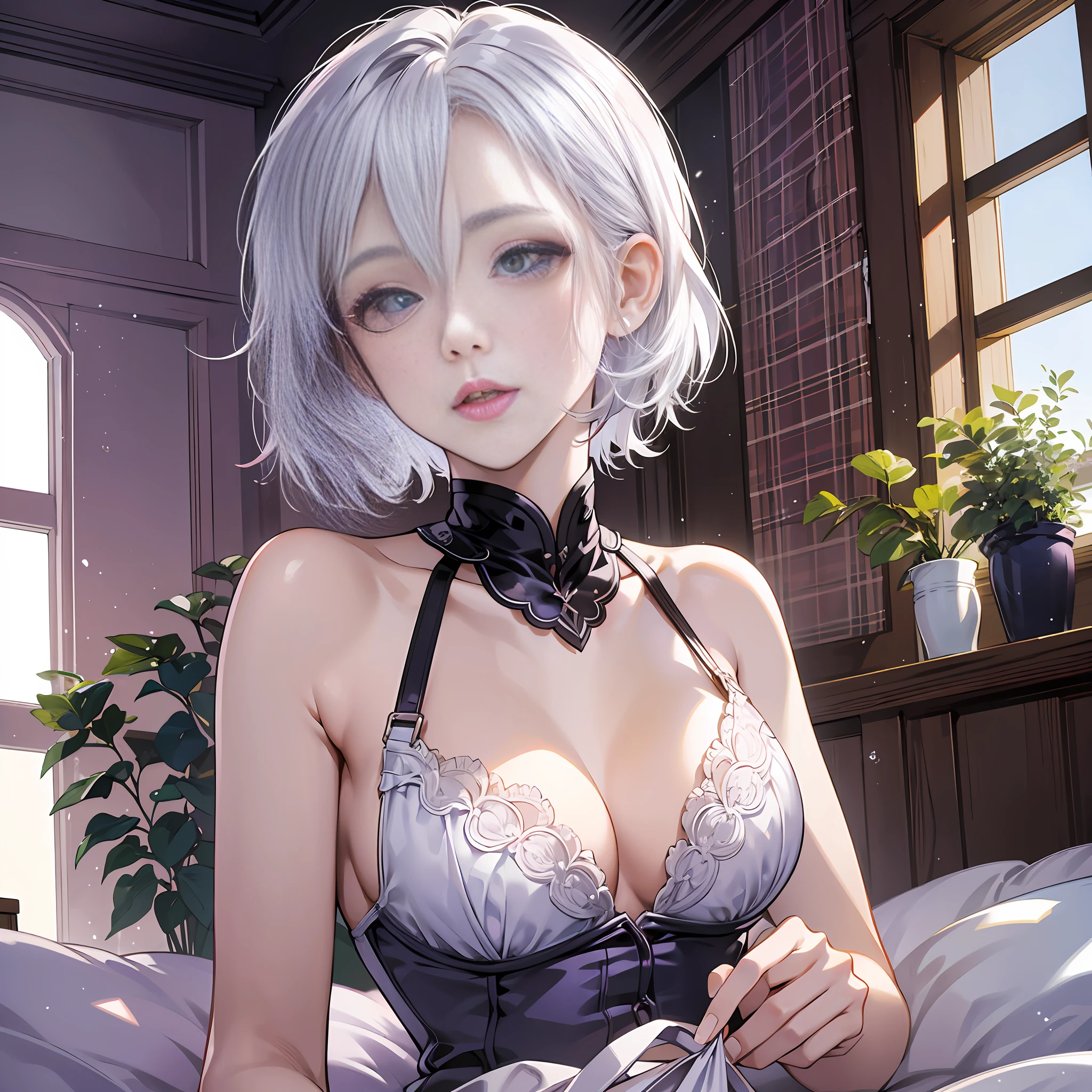 white skin. ultra beautiful face. breasts.  bra, ambient light, female pessonage, anime, girl with short hair, silver white hair and lilac, eyes gives bright violet color, beautiful eyes, shy, beautiful, at home, bed, living room, in front, sitting on the bed. Maximum quality. --auto --s2