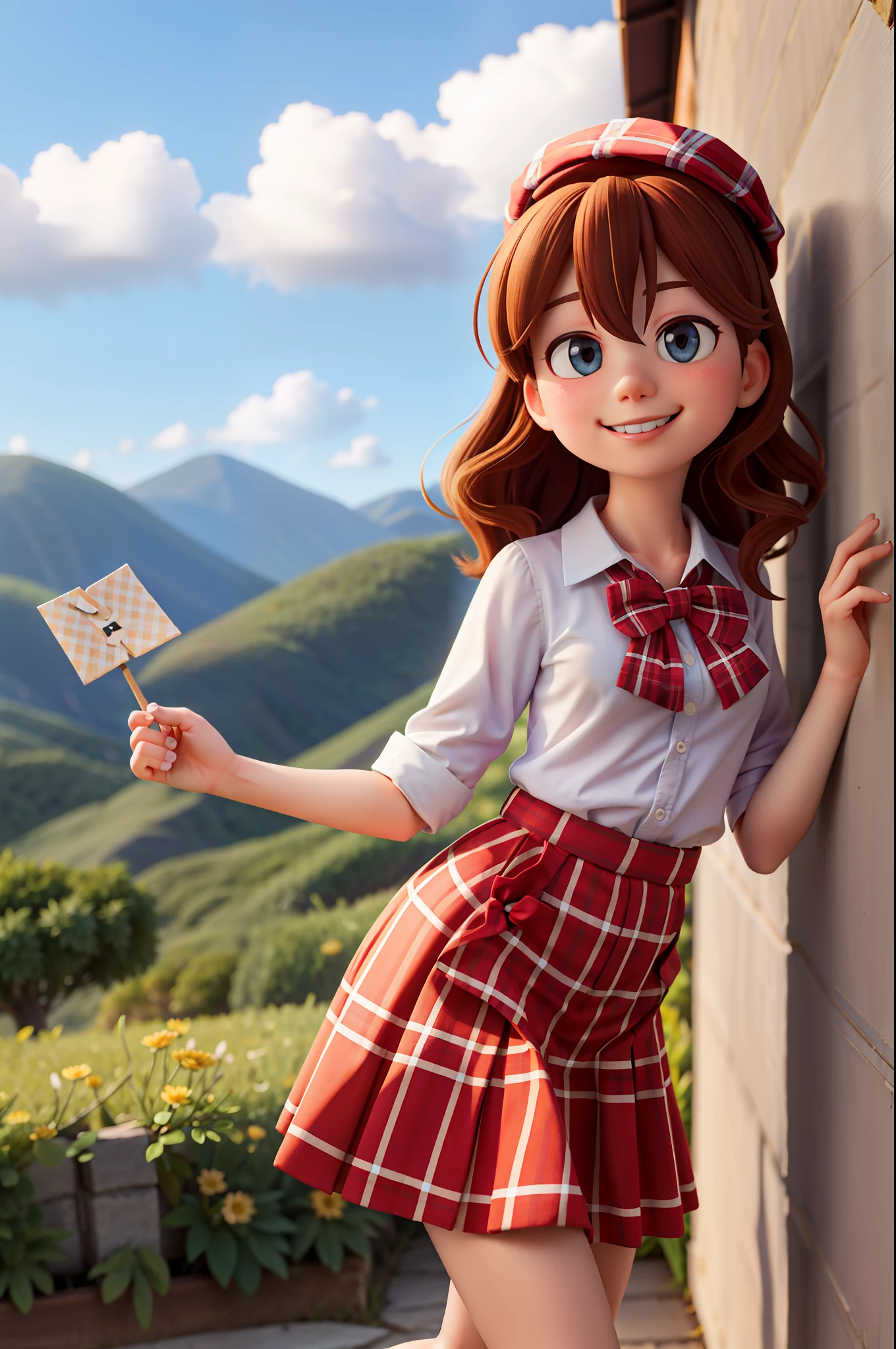 masterpiece, high quality best quality, 1girl, Wendy of Gravity Falls, blue_sky, blush, bow, breasts, checkered, checkered_shirt, checkered_skirt, cloud, cloudy_sky, collarbone, day, envelope, giving, grass, hair_bow, heart, holding, holding_letter, horizon, incoming_gift, kazami_yuuka, leaning_forward, lens_flare, letter, light_rays, long_hair, looking_at_viewer, love_letter, mountain, mountainous_horizon,  ocean, outdoor, plaid, plaid_background, plaid_bikini, plaid_bow, plaid_bowtie, plaid_bra, plaid_dress, plaid_headwear, plaid_jacket, plaid_legwear, plaid_necktie, plaid_neckwear, plaid_panties, plaid_pants, plaid_ribbon, plaid_scarf, plaid_shirt, plaid_skirt, plaid_vest, POV, shirt, skirt, sky, smile, soil, sun, sunbeam, sunlight, tree, unmoving_pattern