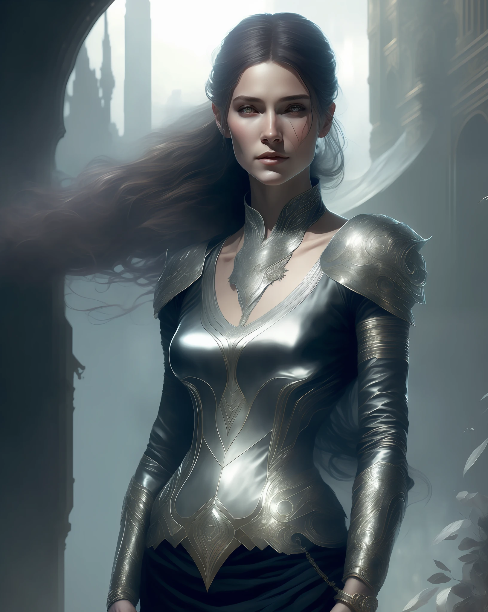 young woman wearing silver threads, art by aleksi briclot and alphonse mucha and william-adolphe bougeureau, octane render, 8k