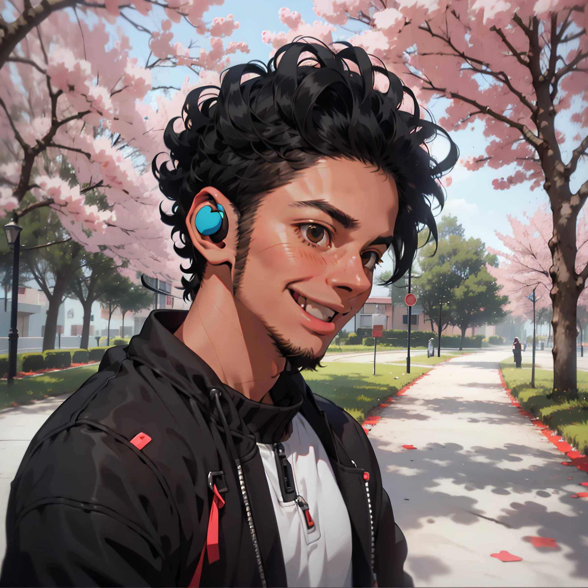 a young man in park,bright sun,(1 man),(male), cleaning sky, black hair, hair bobbles, solid circle eyes, smiles, ear blush, fang, brown eyes, headphones, anaglyph, stereogram, pov, atmospheric perspective, anime style, social media composition, 8k, super detail, ccurate, best quality