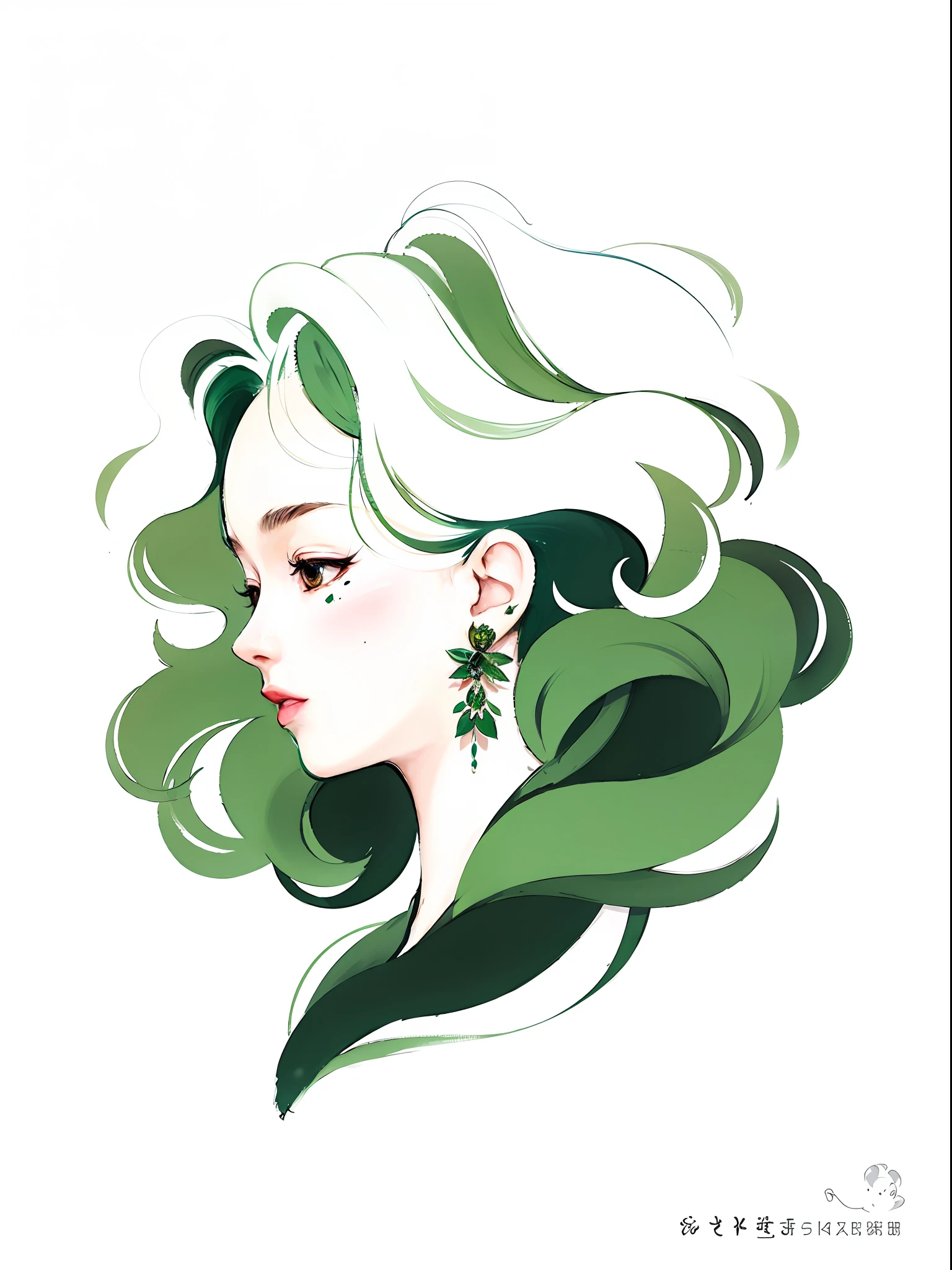 illustration of a woman with green hair and earrings, tatsumaki, tatsumaki with green curly hair, green flowing hair, a beautiful artwork illustration, loish art style, green feathery hair, character design portrait, dark green leaf hair, in style of digital illustration, character illustration, illustration style, green hair, inspired by loish, loish |