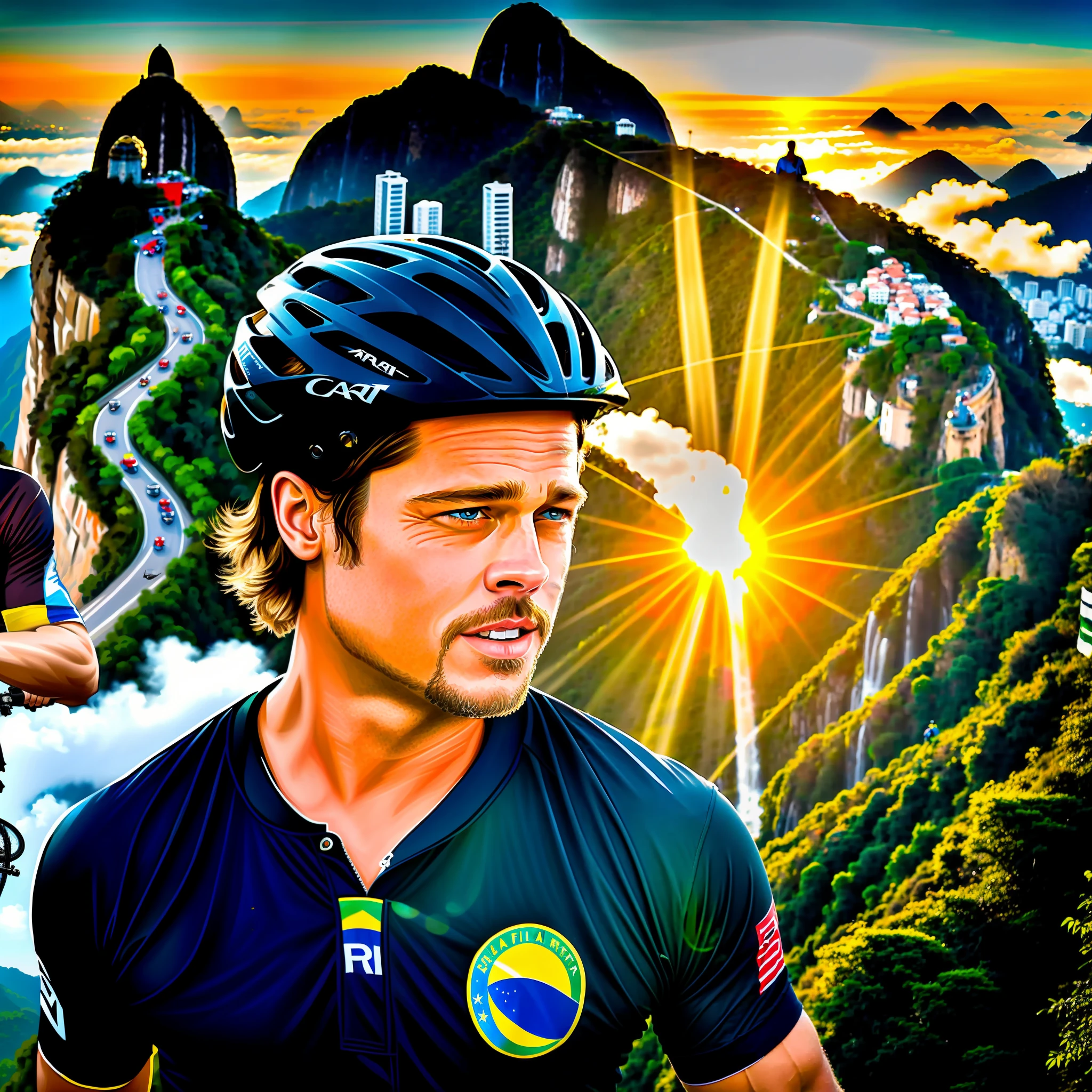 Criar Brad Pitt, With the shirt of Brazil, cyclist style, riding bike mtb, in the streets of Rio de Janeiro, with scenery there behind Christ the Redeemer and with beautiful sun.