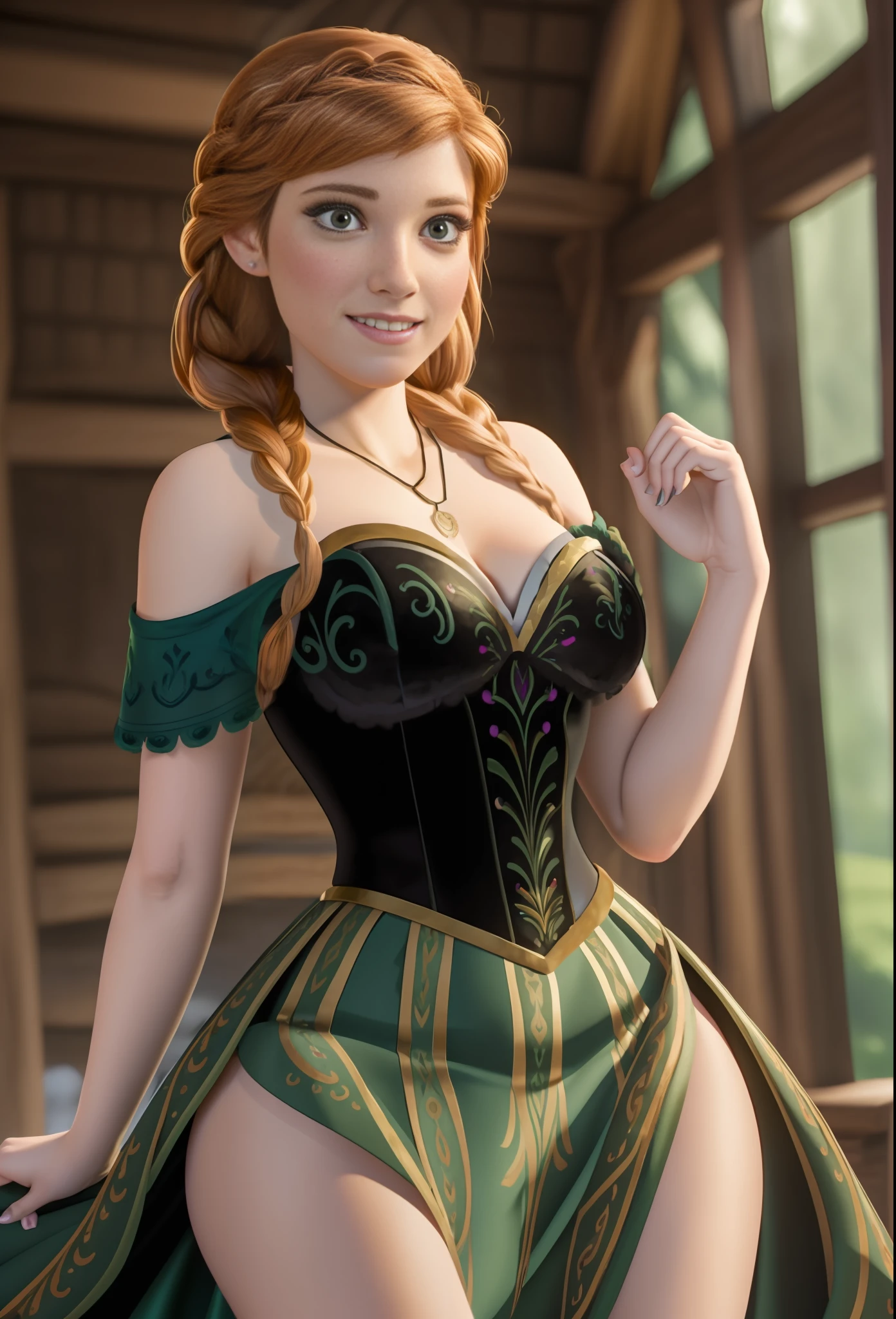 1girl, solo, (Anna Kendrick:1.2) is a very sexy AnnaWaifu, black dress, big breasts, huge breasts, cleavage, low cut, high slit skirt, green skir, form fitting dress, elegant black bodice, two braids, red hair, hourglass figure, cottagecore background, hyper realistic, photorealistic, RAW photography, Best quality, masterpiece, huge breasts, (masterpiece:1.4),(best qualit:1.4),(high resolution:1.4),anna of arendelle,bare shoulder,black bodice,green skirt,necklace,updo,indoors,ballroom,looking at viewer,smile,