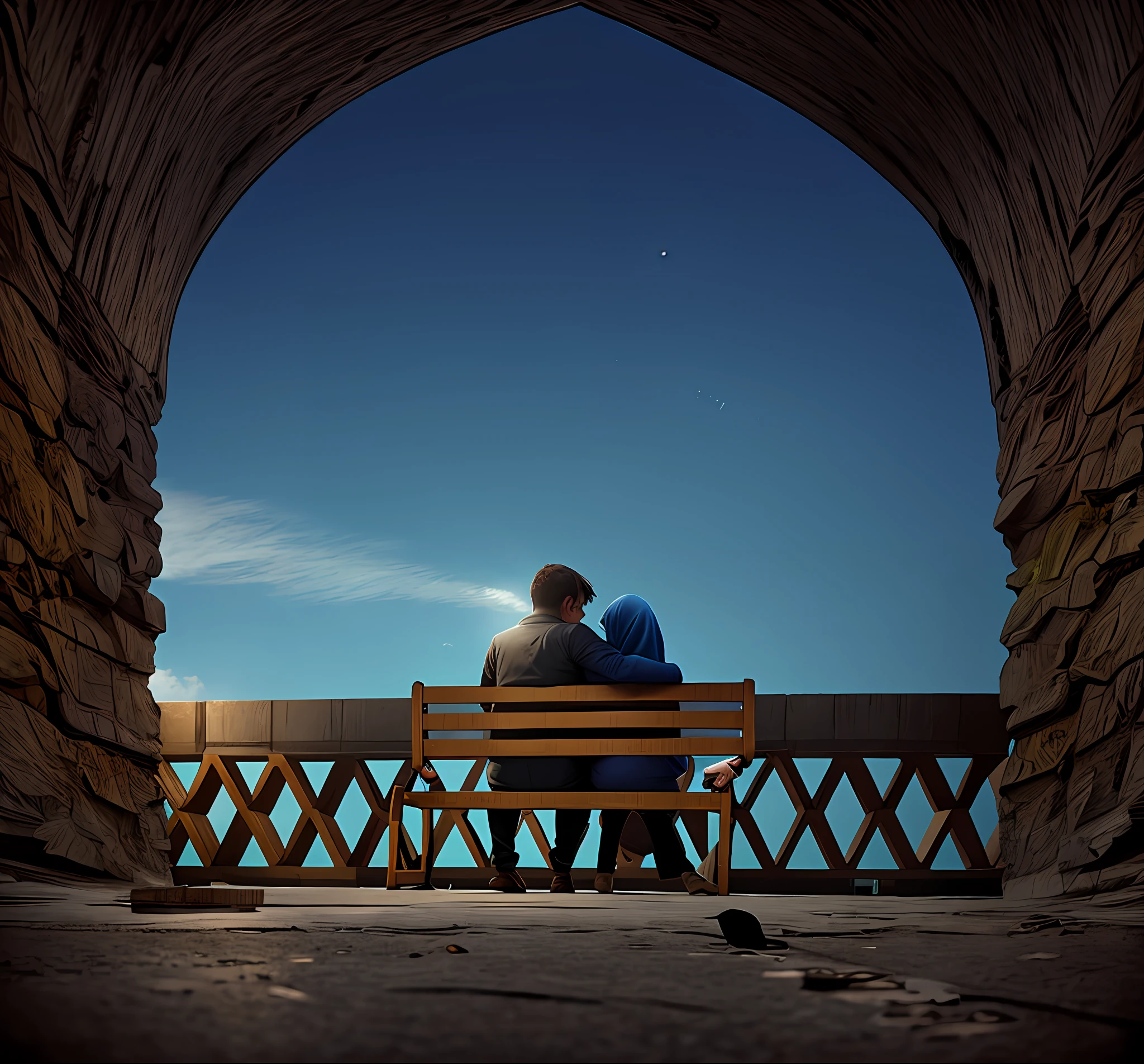 Photorealestic,there are two lovers sitting on a bench in a Islamic tunnel, sitting in a castle, fotografia, romantic couple, romantic!!!, romantic, a picture, edited, private moment, romantic scene, medium shot taken from behind, Islamic architectural,high quality insane beauty stars on sky, dramatic colours,night,dark night