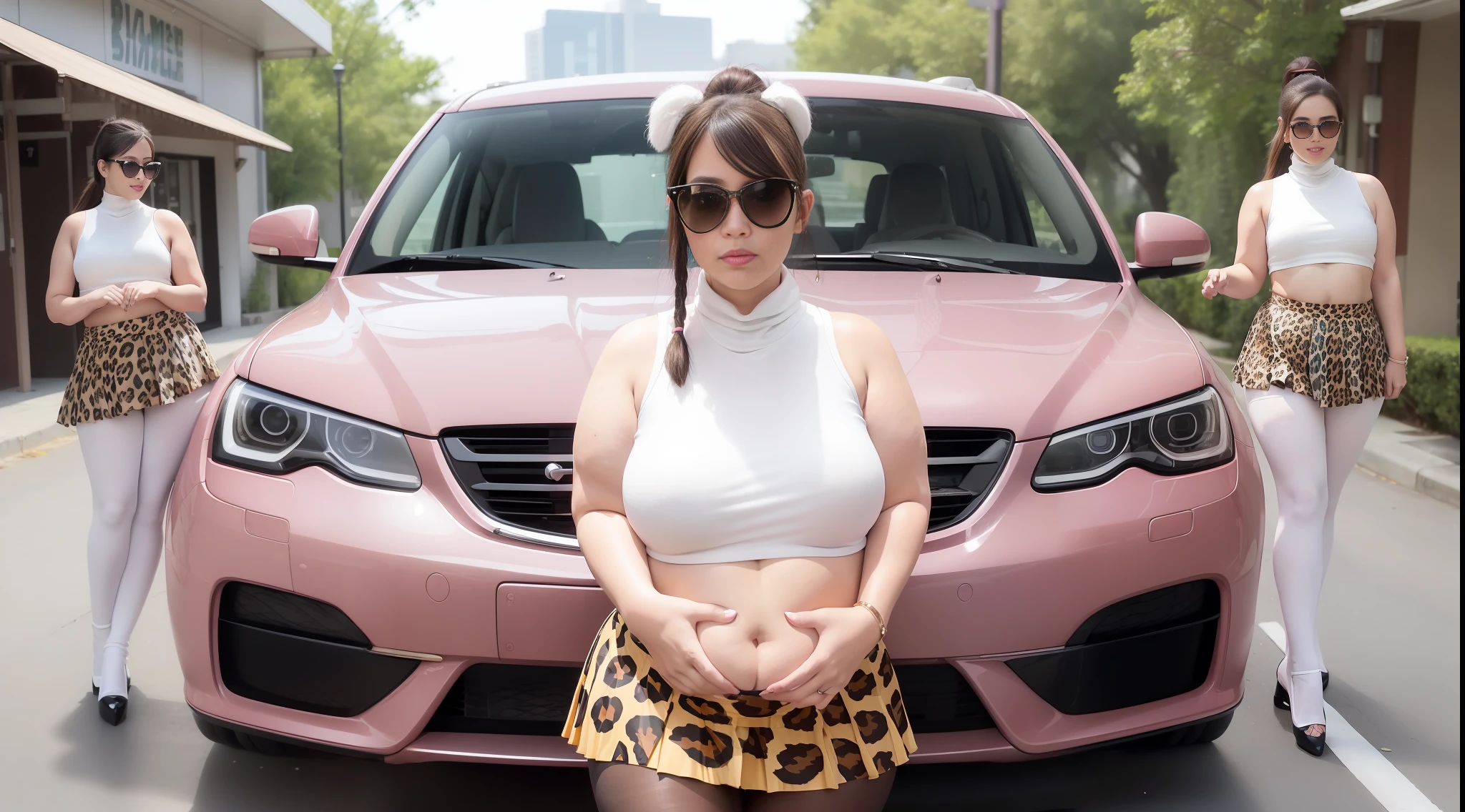 skyline, mature, fat girl, single, plus-size model, ((((fat, mature))), (thicc))), pick dyed hair, m-bangs, blush, smile, round face, (((plus-size elegant))), delicate facial features, perfect face, (((black pantyhose)))), full upper body, (((round belly))), (((navel))), ((sunglasses 🕶️ reflect sunlight)))), high resolution, high quality, beautiful wallpaper, high detail, hands crossed waist, DSLR camera, nikon d400 lens, working woman, (((high ponytail, white skin)))), fine eyes, detail background, pretty day, official art, full body lens, masterpiece 1.4, octane rendering, pop art, perfect face, 8K, high resolution, high detail, plump, sexy charming, dynamic pose, (((leopard print sleeveless turtleneck top))), (((pink pleated skirt))), ((black tethered panties visible string))),, behind a modern business car