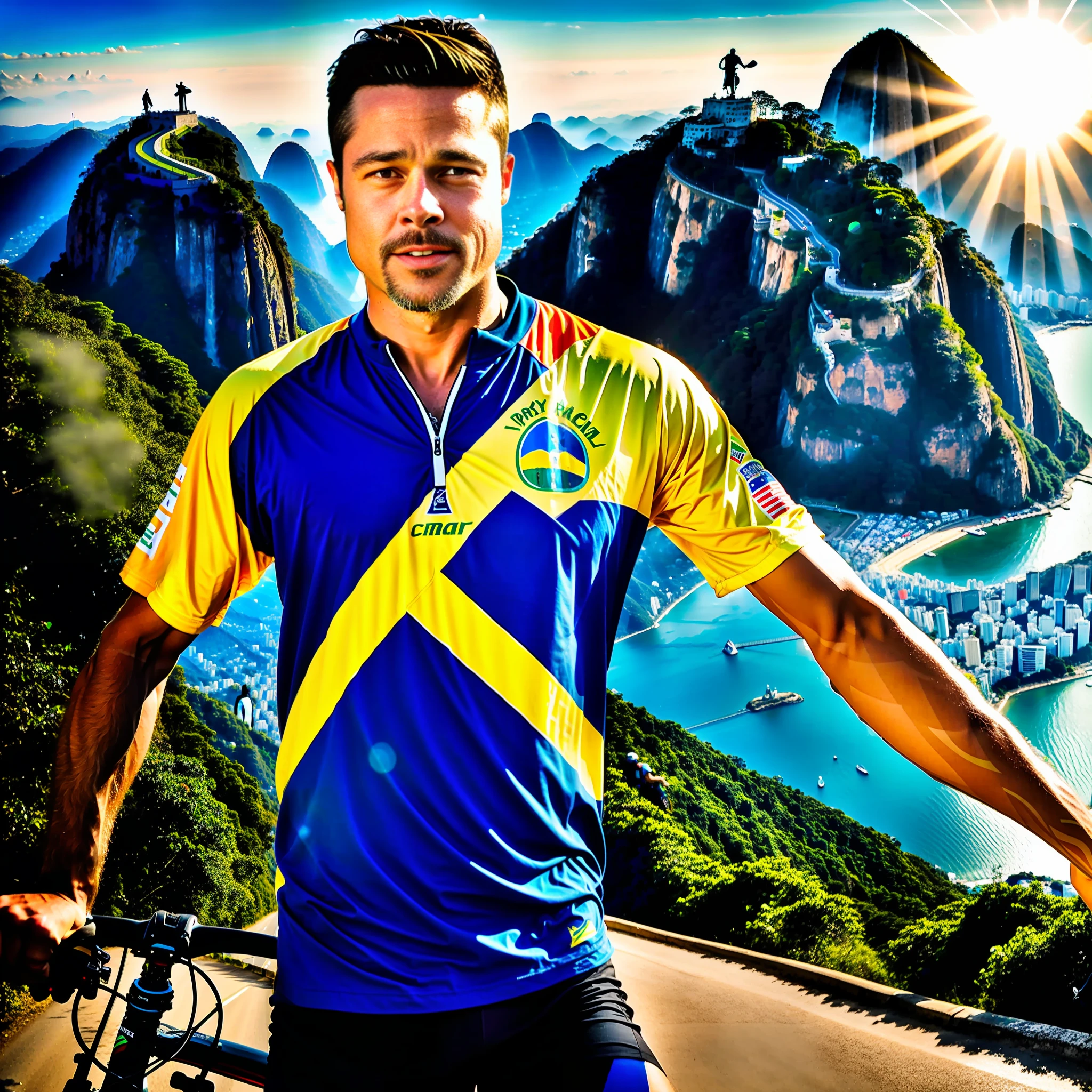 Criar Brad Pitt, With the shirt of Brazil, cyclist style, riding bike mtb, in the streets of Rio de Janeiro, with scenery there behind Christ the Redeemer and with beautiful sun.