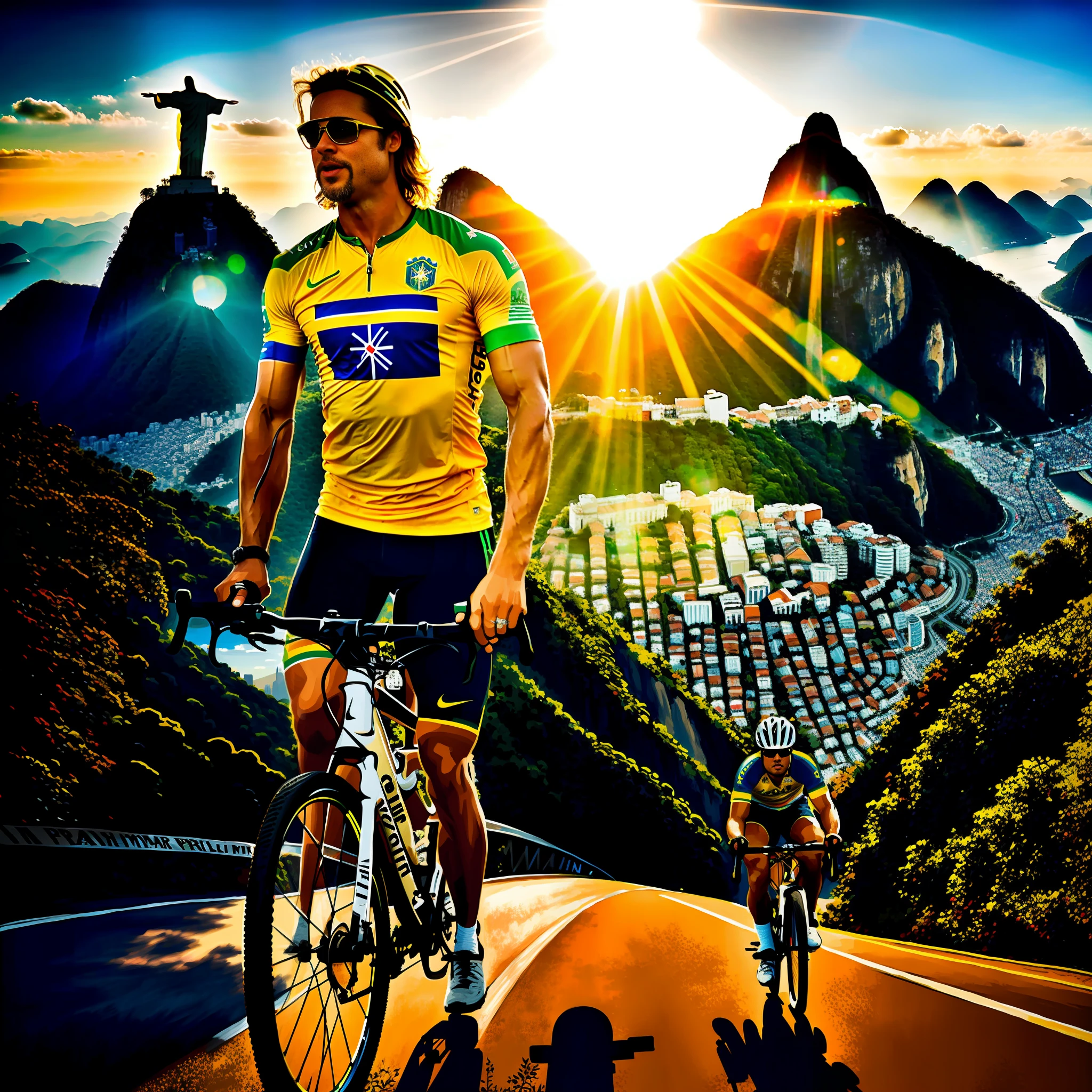 Criar Brad Pitt, With the shirt of Brazil, cyclist style, riding bike mtb, in the streets of Rio de Janeiro, with scenery there behind Christ the Redeemer and with beautiful sun.