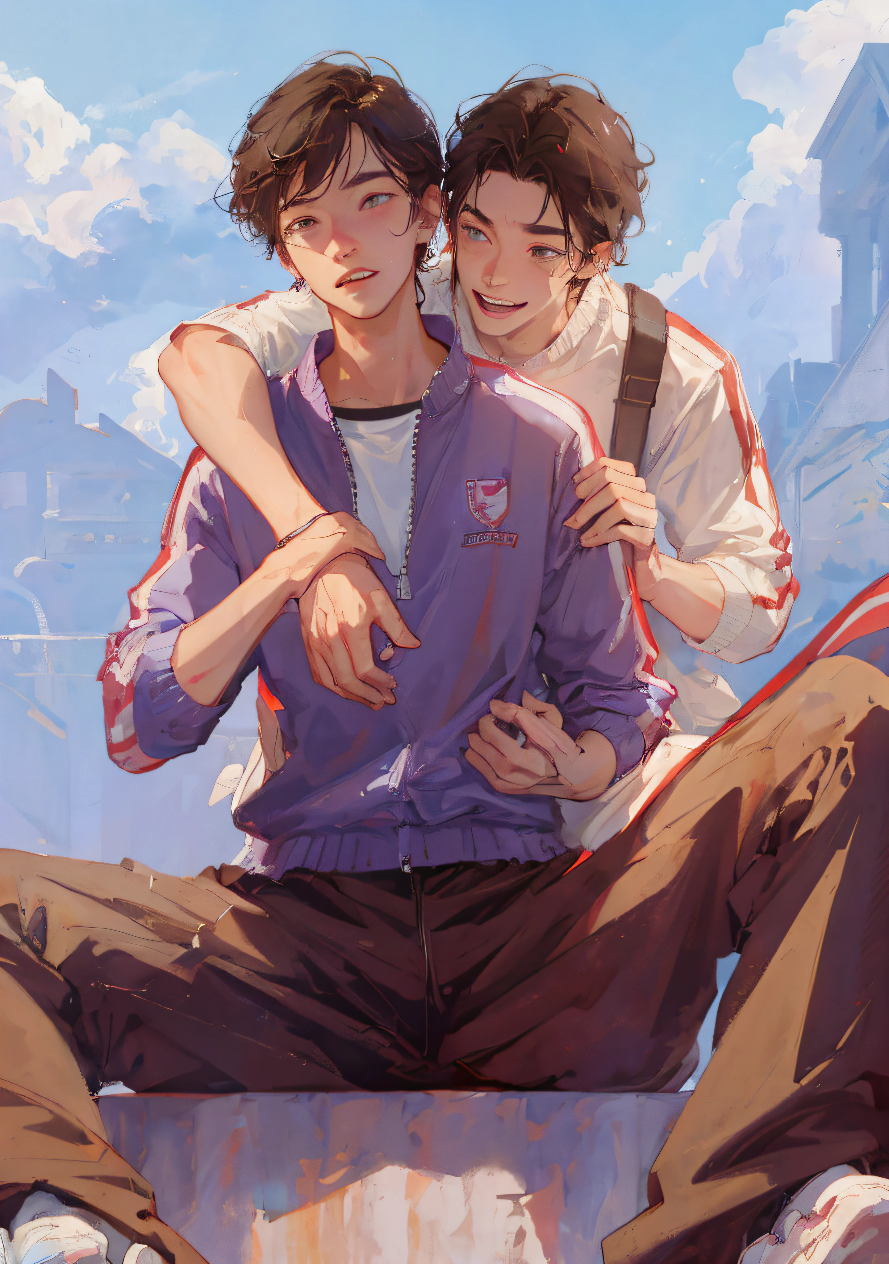 BL, from below, two male students, happy smiles, student heads, cheering, wearing tracksuits, clouds, hands in pockets, hands clutching the other person's hand, sky