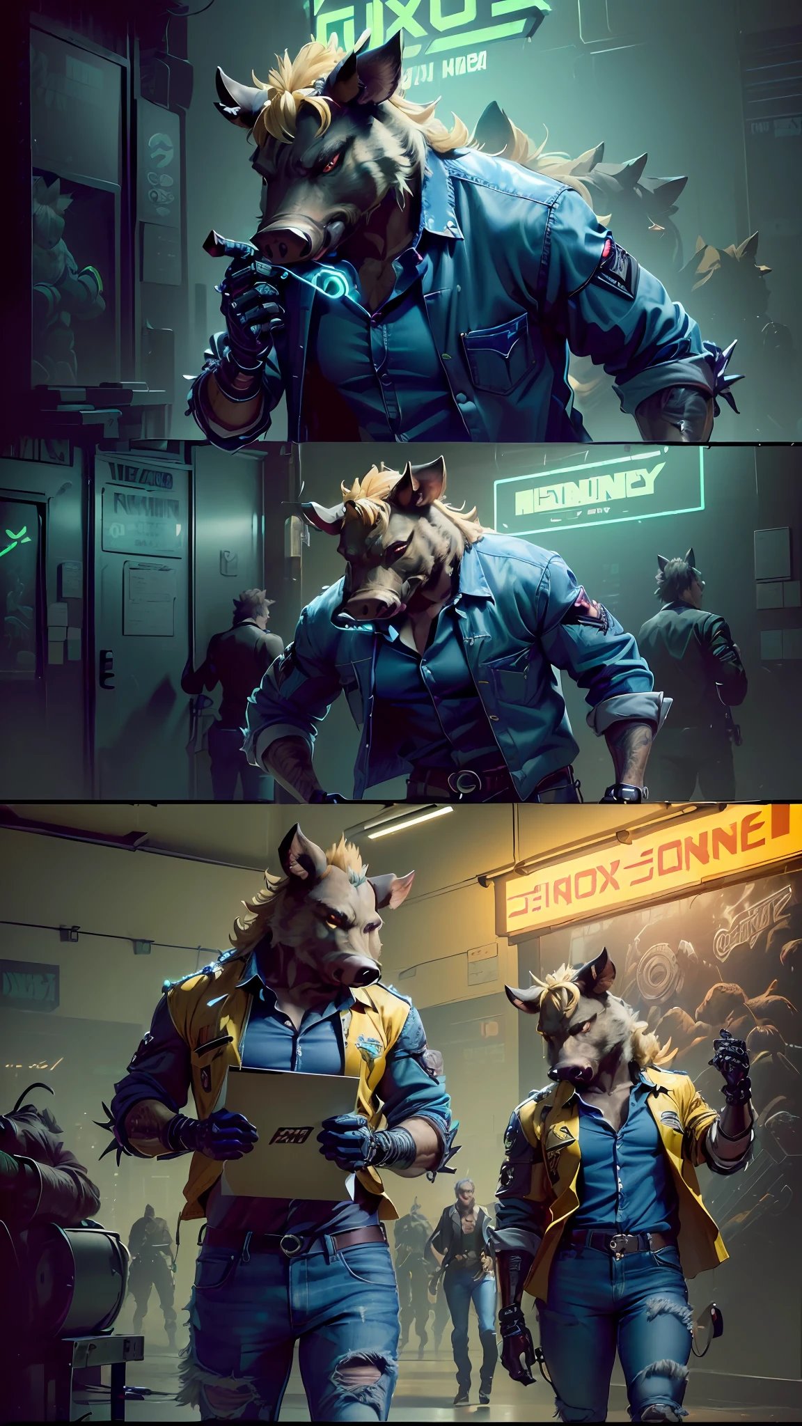 ((ACTION SCENE)), ((furry)) (((TWO FRAMES ONE PAGE)), ((furry)) (( anthropomorphic boar, open button shirt, jeans) FOUGHT with a furry fox),| cyberpunk ((cybernetic body parts)), ((Best quality)), ((masterpiece)), (highly detailed:1.3), Neon Noir, YELLOW NEON LIGHT FROM CITY SIGNS MONITOR, GREEN NEON SIGNS ON THE WALL, ((action scene))