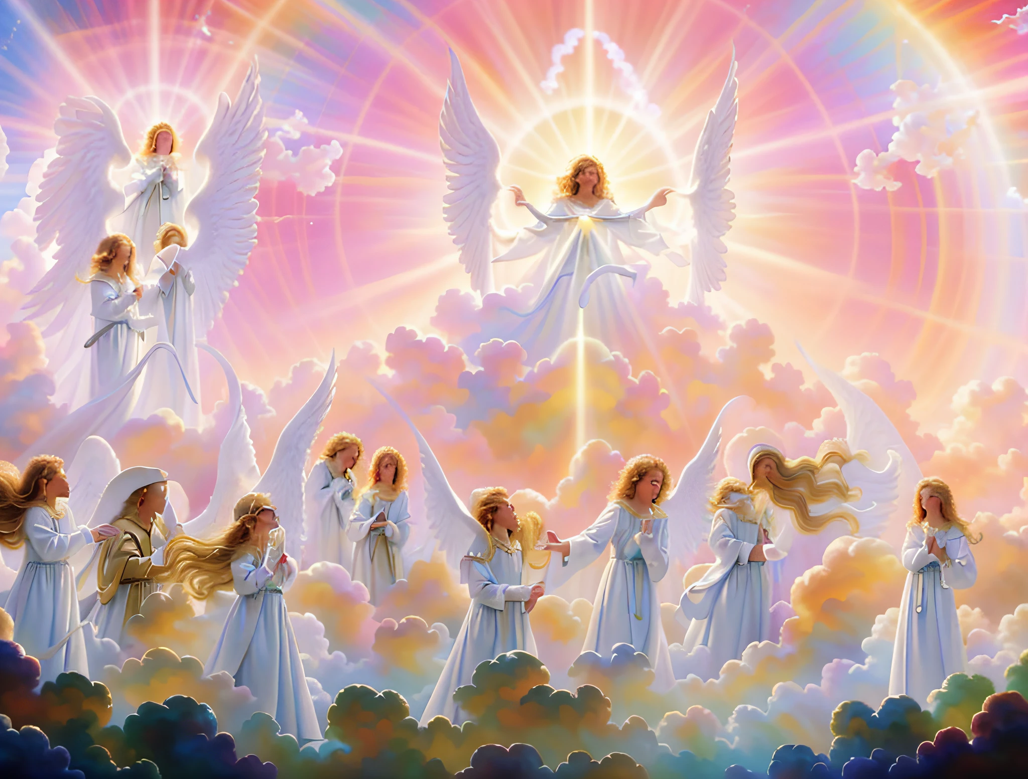 painting of angels in a cloud filled sky with a rainbow, heaven!!!!!!!!, heavenly rapture, angels in the sky, she is arriving heaven, gold gates of heaven!!!!!!!!, angels, second coming, divine realm of gods, angels protecting a praying man, the rapture, the gates of heaven, gates of heaven, some cosmic angels, godly and ethereal