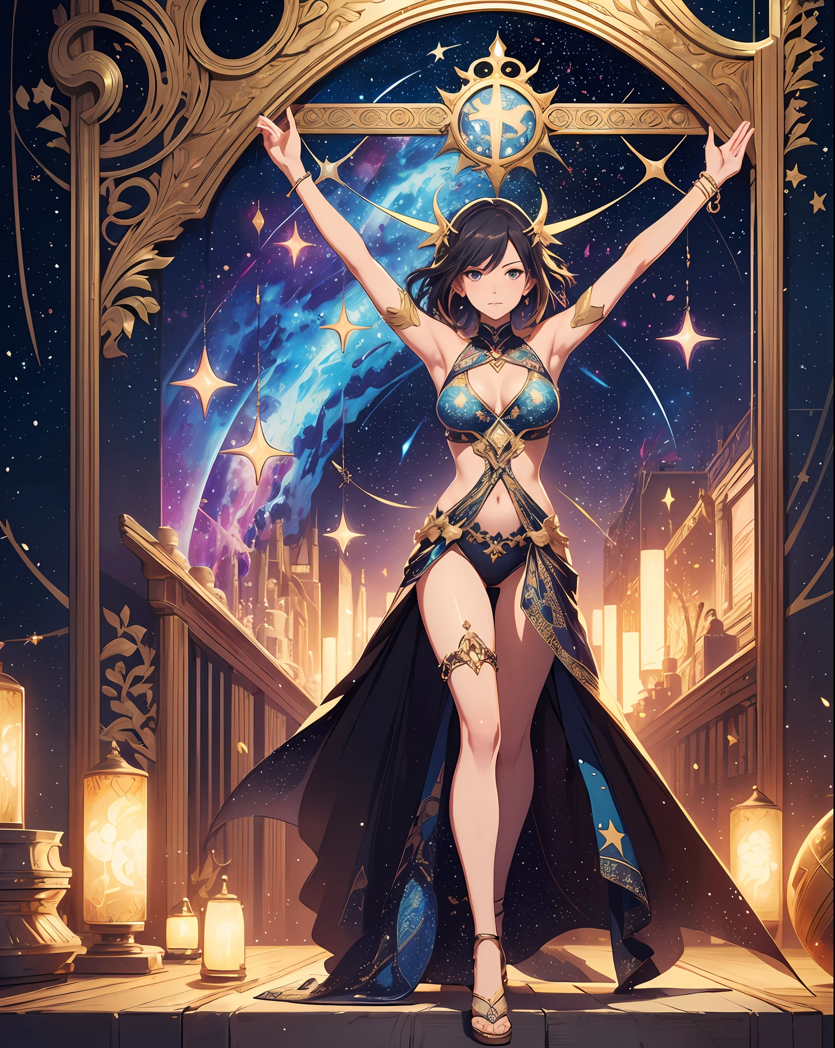 best quality, masterpiece, artistic representation of  a beautiful mature sexy girl, tarot card frame, libra sign, libra, beautiful, colorful, stars, libra constellation, detailed, fractal patterns, zentangle, golden ratio, art style of makoto shinkai, WLOP, trending on artstation, pixiv award winner