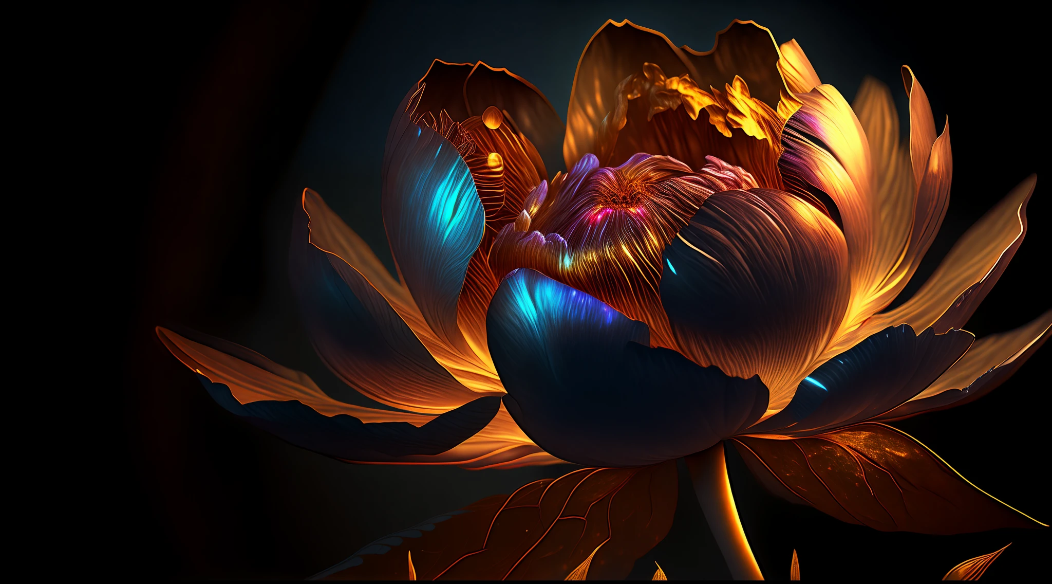 Peony flower, super transparent, holy light, beautiful spectrum light, petals glowing, shimmering, dark background, transparent light drops, reflected light, bright, light streaming in, optical, portrait silhouette, sharp focus, magical, intricate, hyper-realistic, fantasy, composition, light, artstation trend, pearl, patron saint cloud of silver steam, corroded surround ray family, 8k, real ar 23v4 uplight