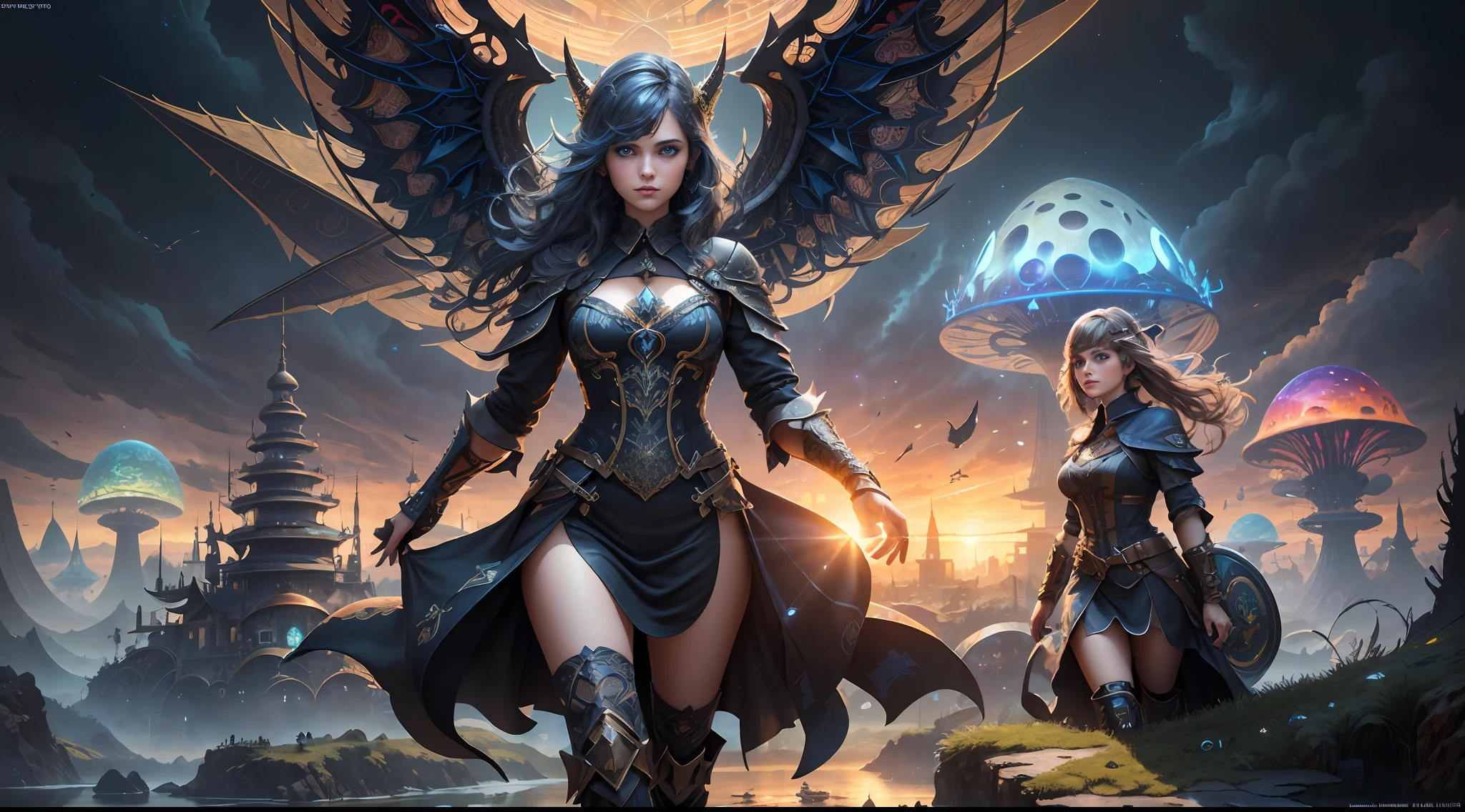 (((Multiplayer, Vivid Eyes, Man and Woman))), Best Quality, Realistic, Realistic, Award-Winning Illustrations, (Intricate Details: 1.2), (Fine Details), (Intricate Details), (Cinematic Light, Best Quality Backlight), Clear Lines, Sharp Focus, Official Art, Unity 8k Wallpaper, Ridiculous, Incredibly Absurd, Fantasy Art, (((Full Body Portrait))), RTX, ((Award-winning Triangle Studio Close-up Photo)), 1 Boy, (shut up), best quality, 4K, beautiful mysterious creatures, female, flying, surrealism, masterpiece by ncwinters, in a mysterious country town, masterpiece, intricate details, ff14style, urban painting, bridge, river, giant mushroom, landscape, bright colors,