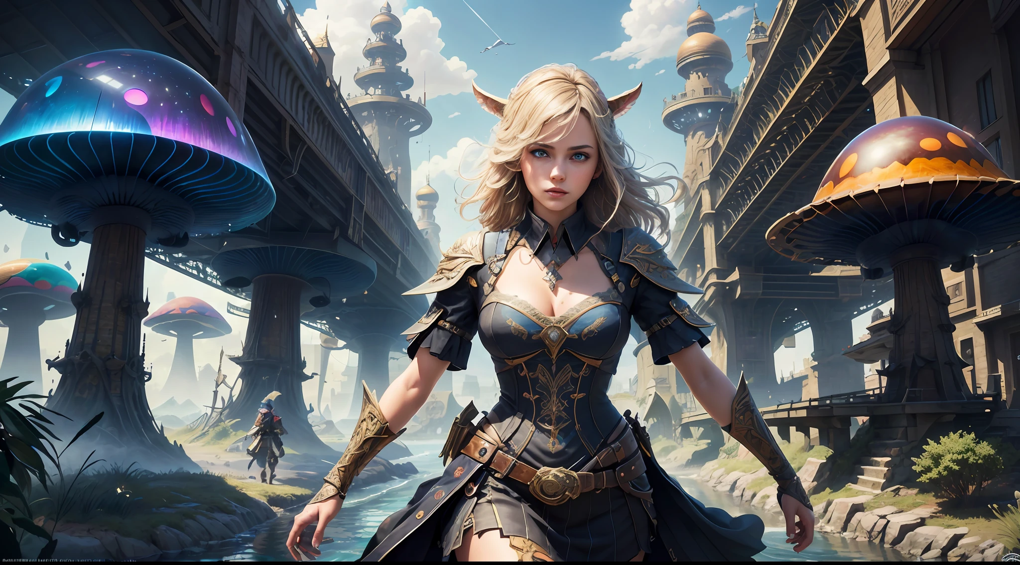 (((Multiplayer, Vivid Eyes, Man and Woman))), Best Quality, Realistic, Realistic, Award-Winning Illustrations, (Intricate Details: 1.2), (Fine Details), (Intricate Details), (Cinematic Light, Best Quality Backlight), Clear Lines, Sharp Focus, Official Art, Unity 8k Wallpaper, Ridiculous, Incredibly Absurd, Fantasy Art, (((Full Body Portrait))), RTX, ((Award-winning Triangle Studio Close-up Photo)), 1 Boy, (shut up), best quality, 4K, beautiful mysterious creatures, female, flying, surrealism, masterpiece by ncwinters, in a mysterious country town, masterpiece, intricate details, ff14style, urban painting, bridge, river, giant mushroom, landscape, bright colors,