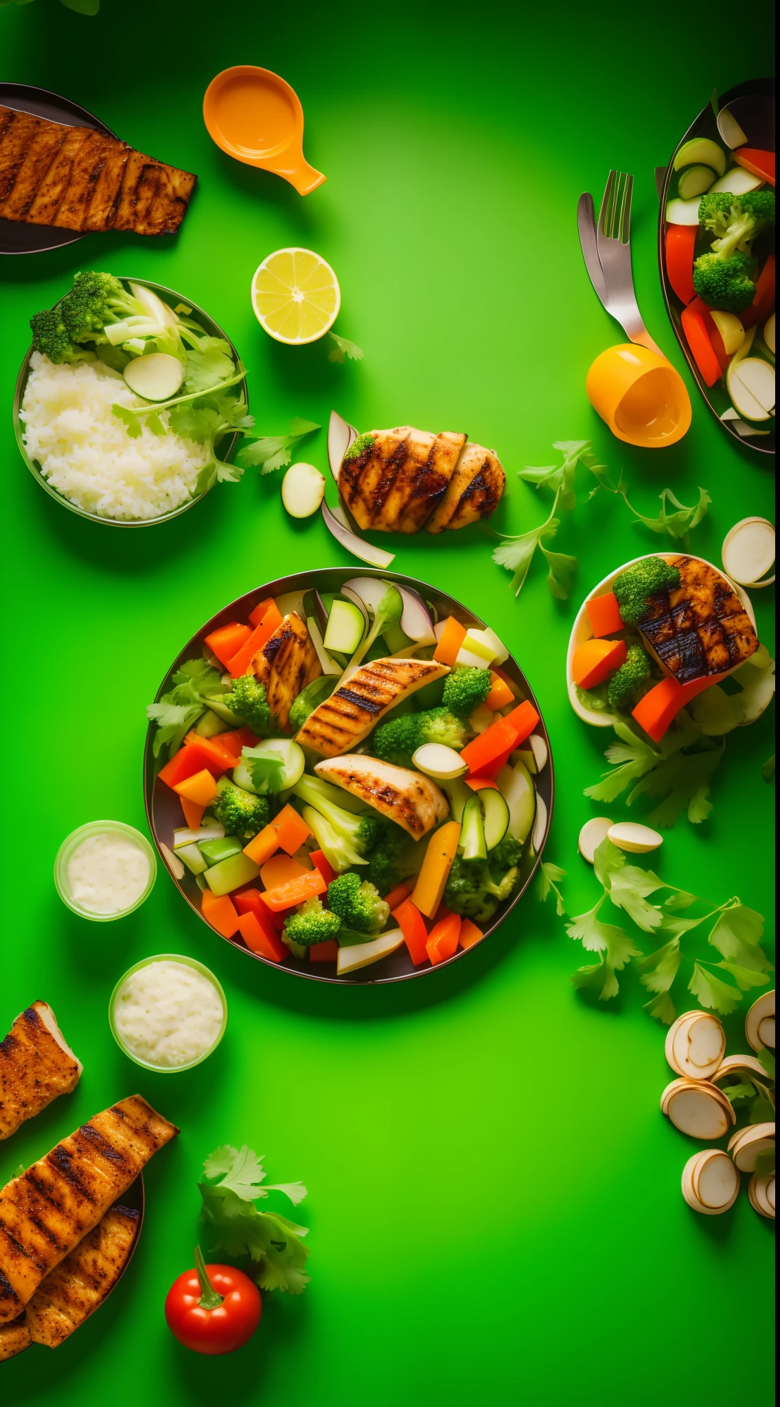 advertising photo ,with vegetables , dish with grilled chicken fillet and vegetables ,infinite infinite bright green background blurred,vivid green background infinite blurred cinematografico 60,30,10