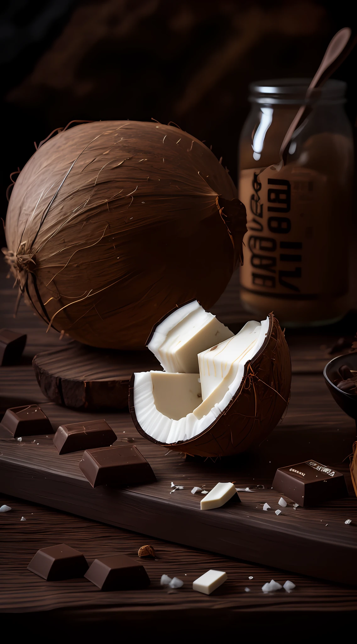 There is a coconut and chocolate on a table with a jar of chocolate, coconuts, chocolate, food photography up close, brown and cream color scheme, high quality food photography, on a dark background, chocolate. intricate background, dramatic product photography, commercial product photography, product photos in dark tones, chocolate art, brown and white color scheme, high quality product photography, ultra real, realistic, lots of detail, detailed texture