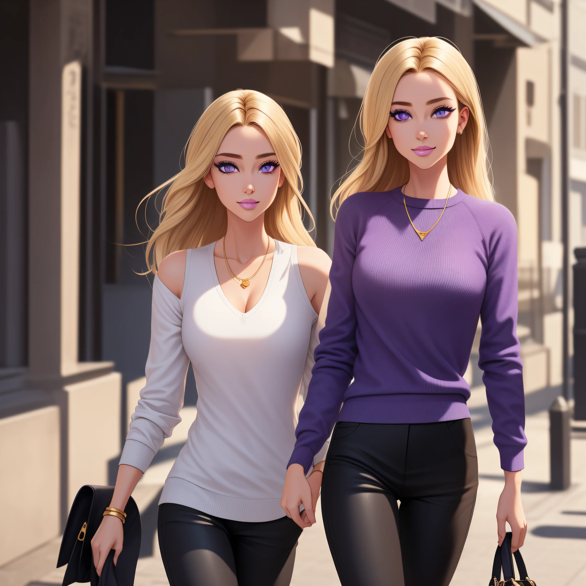 masterpiece, best quality), (finely detailed beautiful eyes), (finely detailed eyes and detailed face), (scenery), (extremely detailed CG, ultra-detailed, best shadow), ((depth of field)), beautiful concept illustration, (illustration), (extremely fine and beautiful), (perfect details), cowboy shot, 2 young women, mid 20s, smile, happy, Cool and sophisticated hairstyle, ((golden blonde hair)), shoulder length hair, medium-long hair, Simple styling, sharp lines, Natural and elegant makeup, To make the skin shine and bring out a sense of transparency, Simple eye makeup, mascara, Minimalism, monotone, simple color palettes, Clean, sharp designs, flowing silhouettes, Tight skirts and pants, high-waisted skirts and pants, simple dresses, shirts and blouses, asymmetrical, geometric, Elegant and luxurious materials and designs, Simple, minimal accessories, Slim necklaces and rings in silver or gold, Simple bangles, Distinctive designs, simple silhouettes, chic and mature impression, simple and sophisticated style, elegance, minimalism, high quality materials, cool and urban impression, high fashion, simplicity and sophistication, ((Lavender purple eyes)), detailed lips, glossy lips, lipstick, D-cup breasts, best quality, masterpiece, sweater dress, broad shoulders, muscular, strong arms, height difference, couple walking