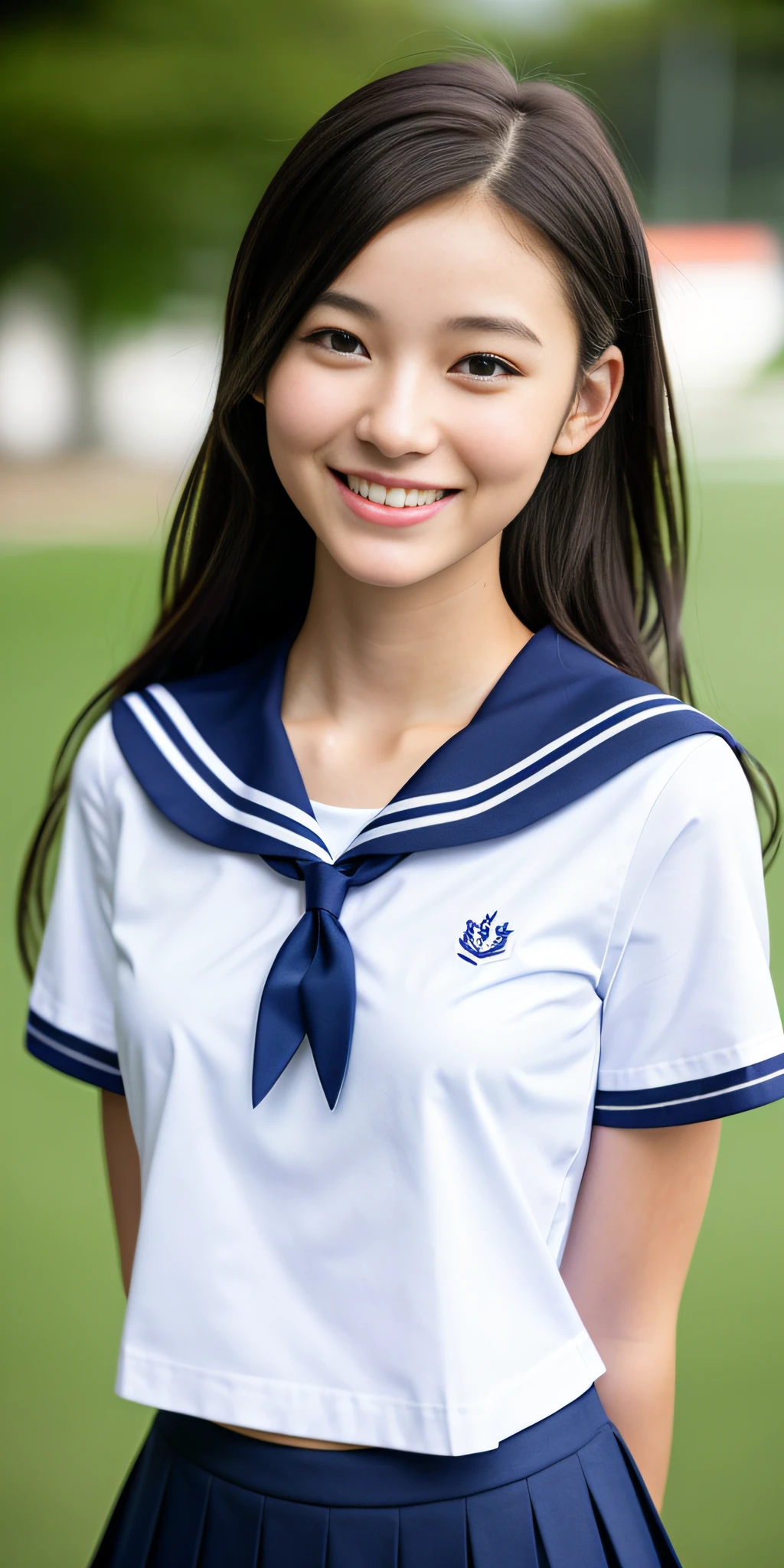 neat college girl, (school uniform, sailor uniform, ribbon tied at chest, summer clothes, upper body white, skirt dark blue, short sleeves), outside the athletic field, (slim), photorealistic, detail, skin texture, ultra detail, delicate and sexy collarbone, smile, super detailed face, detailed lips, detailed eyes, double eyelids, small breasts, small breasts, small, flat breasts, breast emphasis