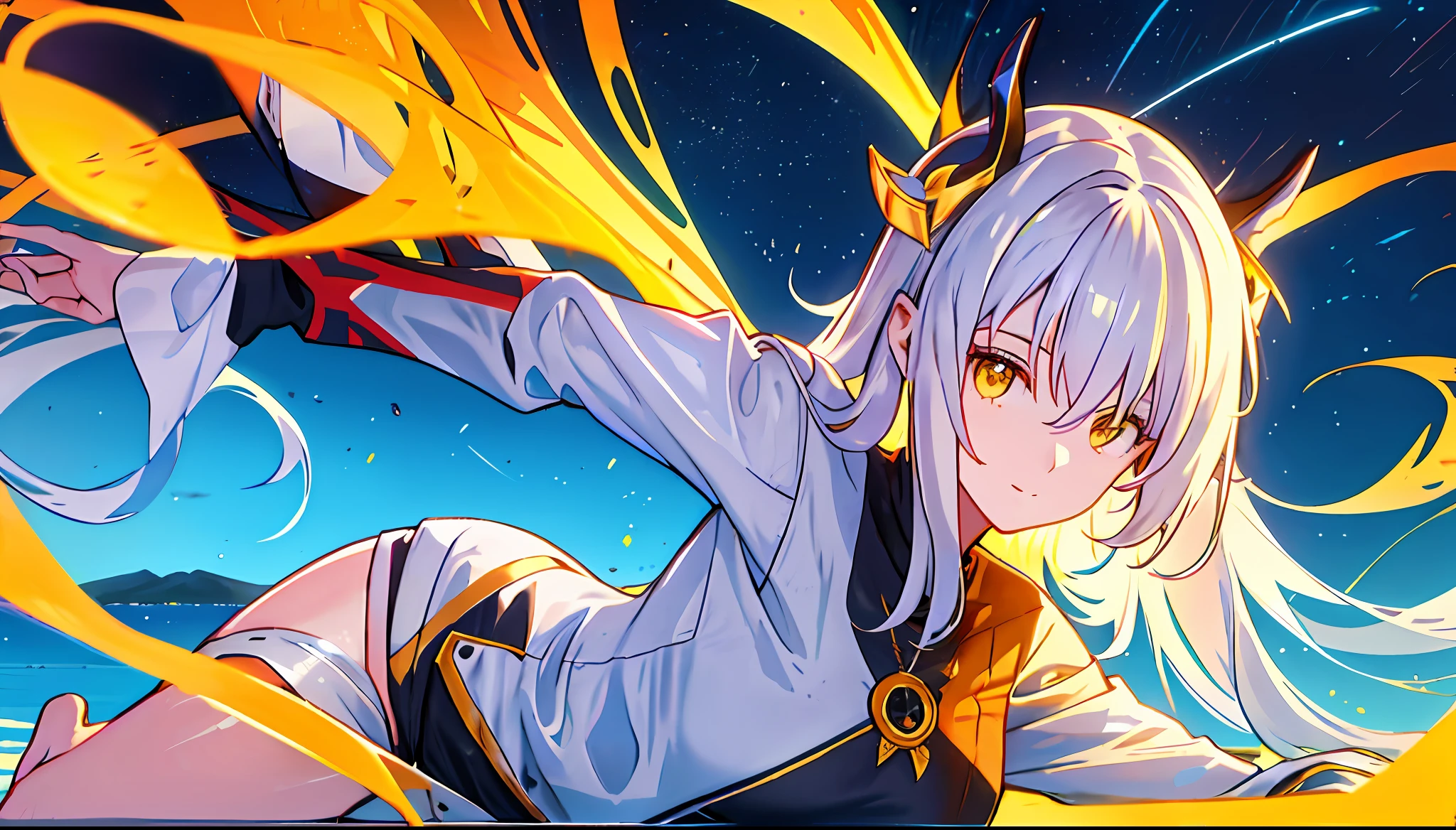 girl with dressed in a sweater looking at the stars in front of her, very beautiful face features,yellow eyes,large and andulated silver hair scattered in the wind of the landscapes,beautiful and slender body, girl with a nice face, eyes and face well visible and ultra detailed, very large landscape with the girl looking at the stars in the middle, picture of happy girl,image from various different angles,vibrant colors,larger picture