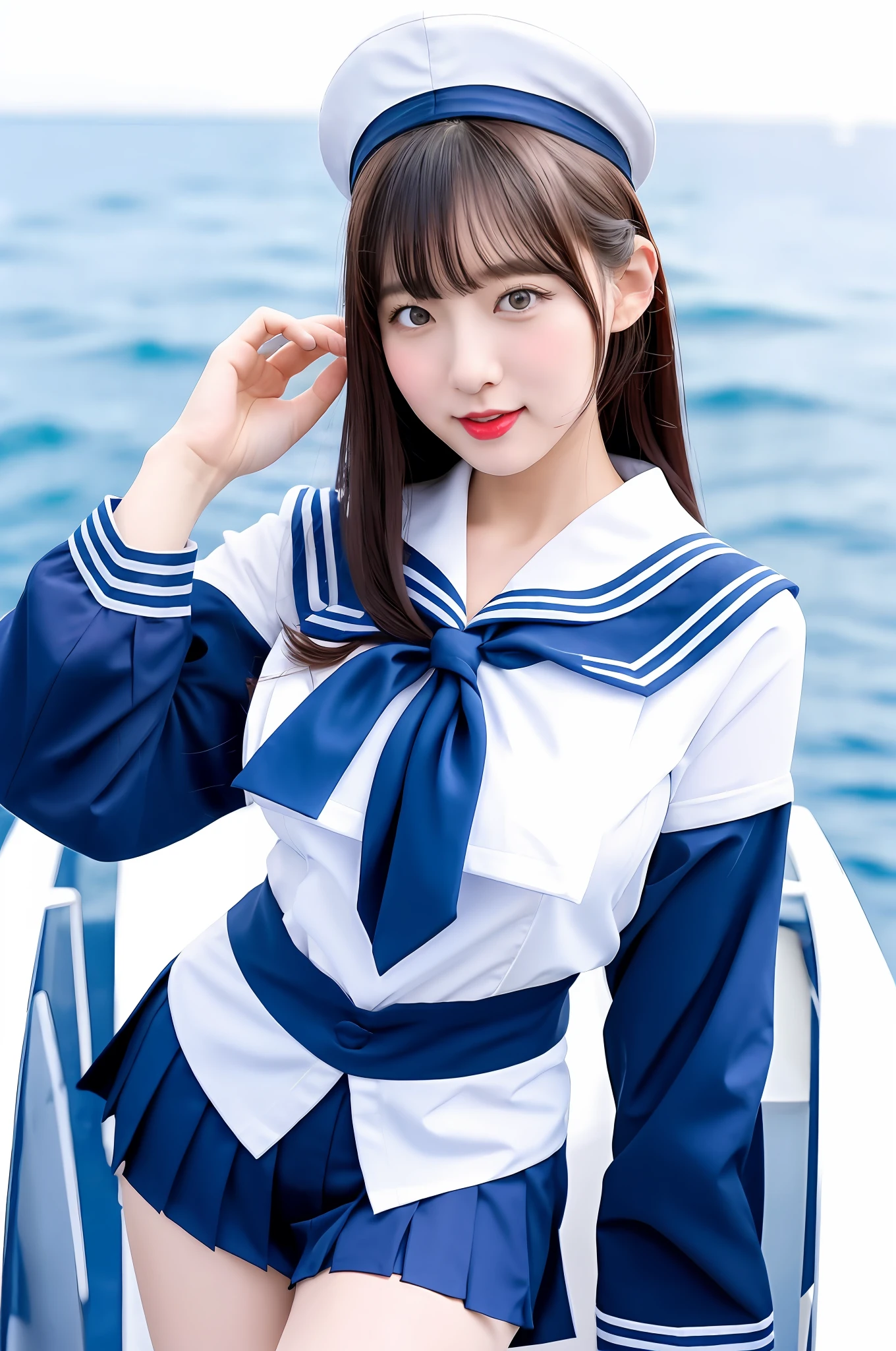 Arad asian woman posing sailor uniform on boat, funny costume, charming and seductive, smooth white lingerie suit, sexy costume, very sexy costume, revealing costume, sailor uniform, azure lane style, japanese goddess, elegant and charming role play, on board, girl mixed with warship parts, Russian and Japanese, dressed in beautiful white, big breasts