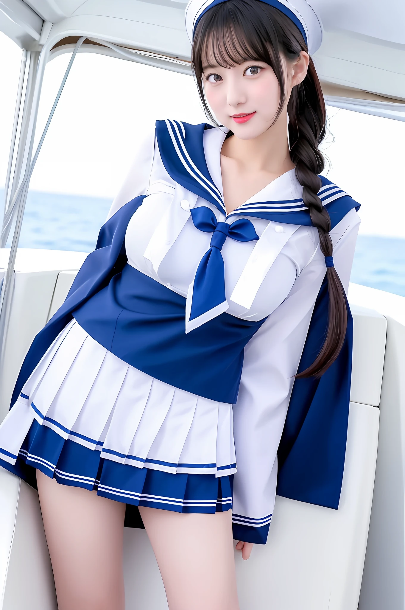 Arad asian woman posing sailor uniform on boat, funny costume, charming and seductive, smooth white lingerie suit, sexy costume, very sexy costume, revealing costume, sailor uniform, azure lane style, japanese goddess, elegant and charming role play, on board, girl mixed with warship parts, Russian and Japanese, dressed in beautiful white, big breasts
