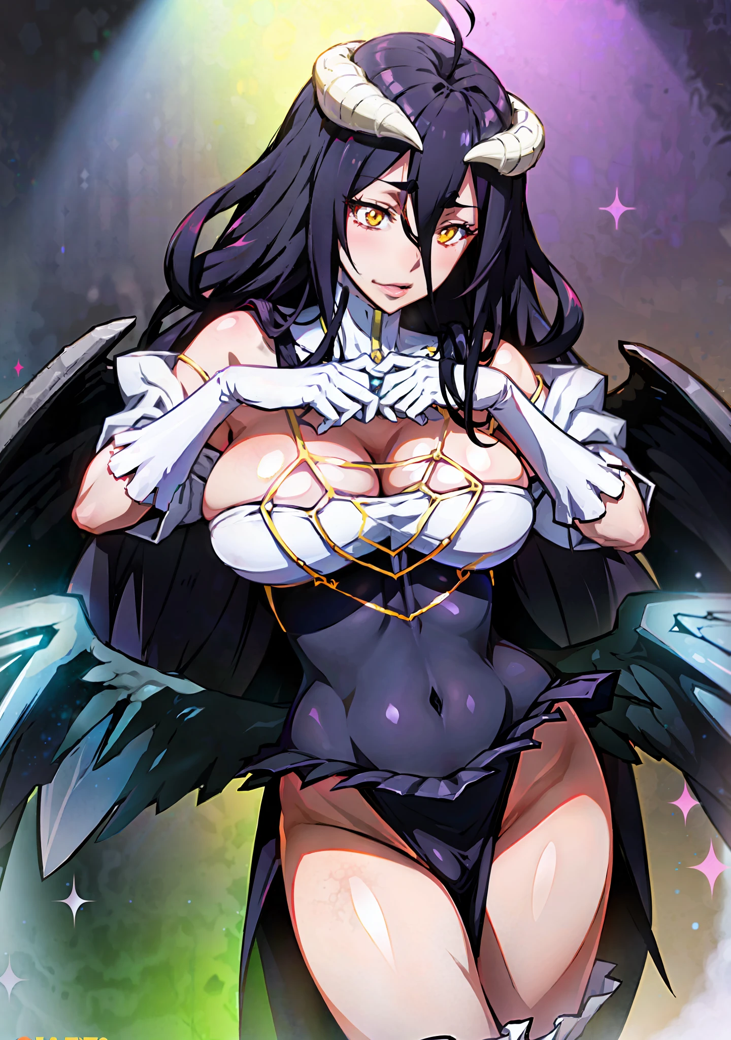 Albedo, Albedo de overlord, Anime Girl a Heart in Her Hands, Holding a Pudica Pose,Joy Ride art style, cat eyes, fit body, gynoid body, wet body, perfect body, big breasts, Yusuke Murata style, Ilya Kuvshinov, official character art, (best quality, masterpiece) a cute chibi girl,OC Commission, seductive anime girl,  official art,