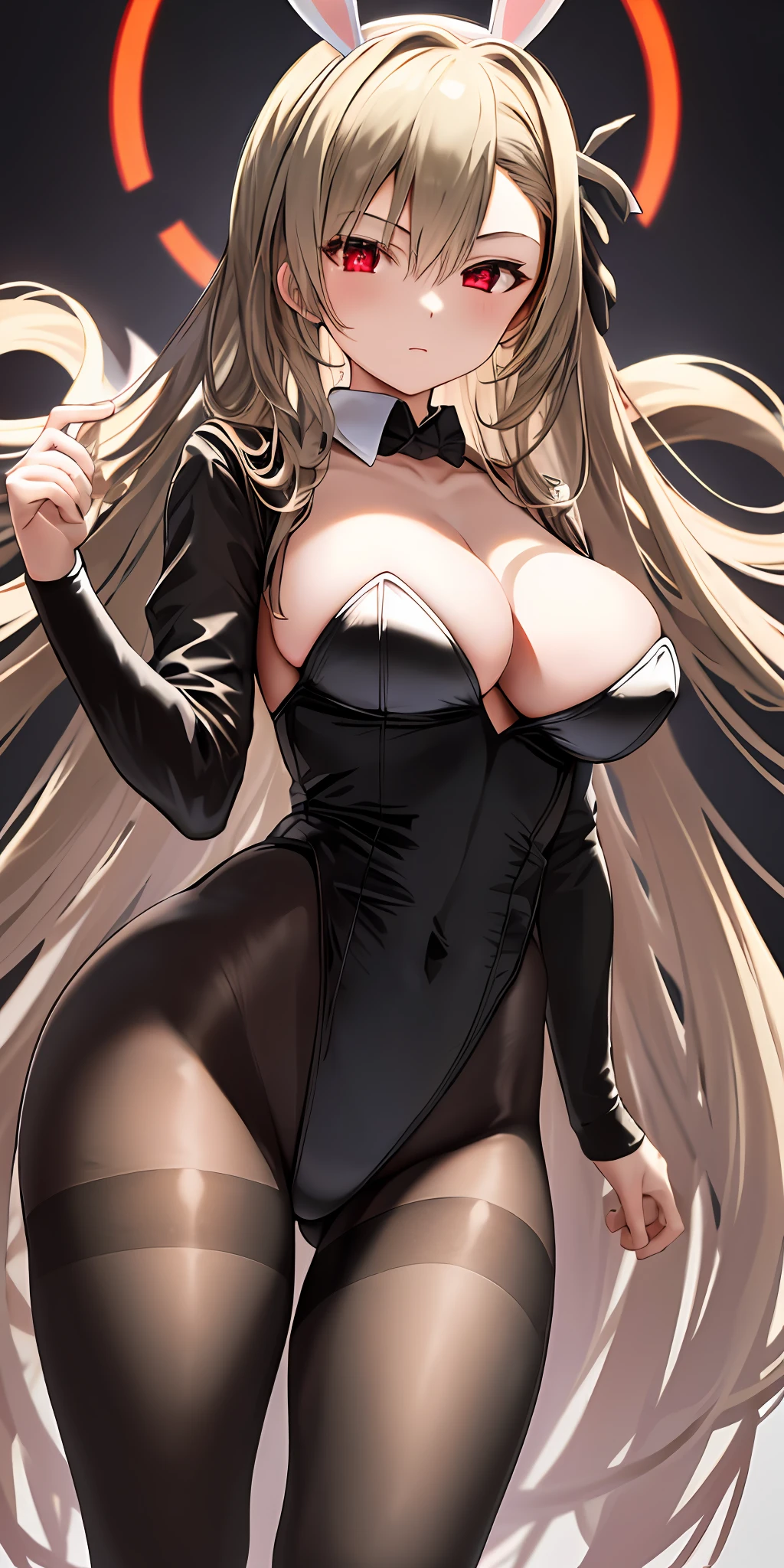 1girl, solo, asuna, long hair, large breasts, (black bunnysuit, pantyhose), standing, (glowing red eyes)